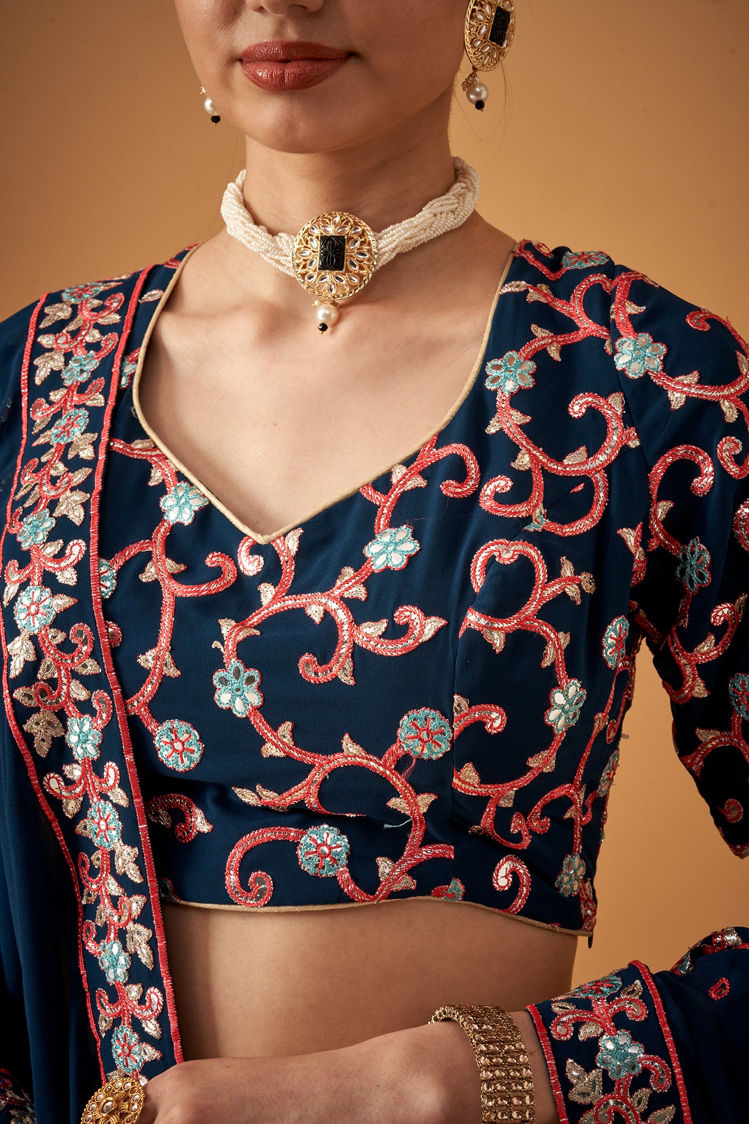 Blue Georgette Embroidered Lehenga Set With Silver Foil Work