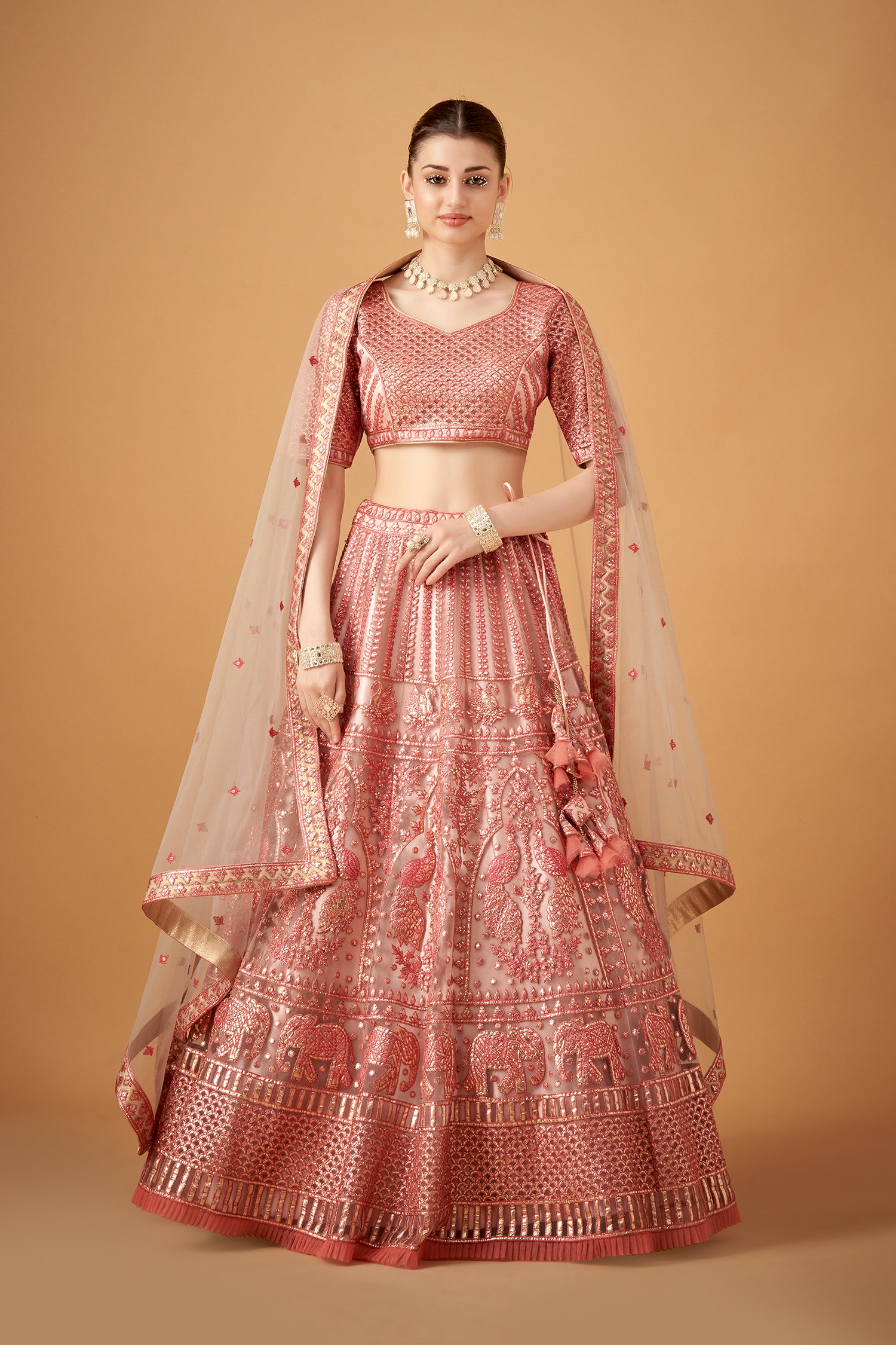 Peach Embroidered Lehenga Set With Gotta Work