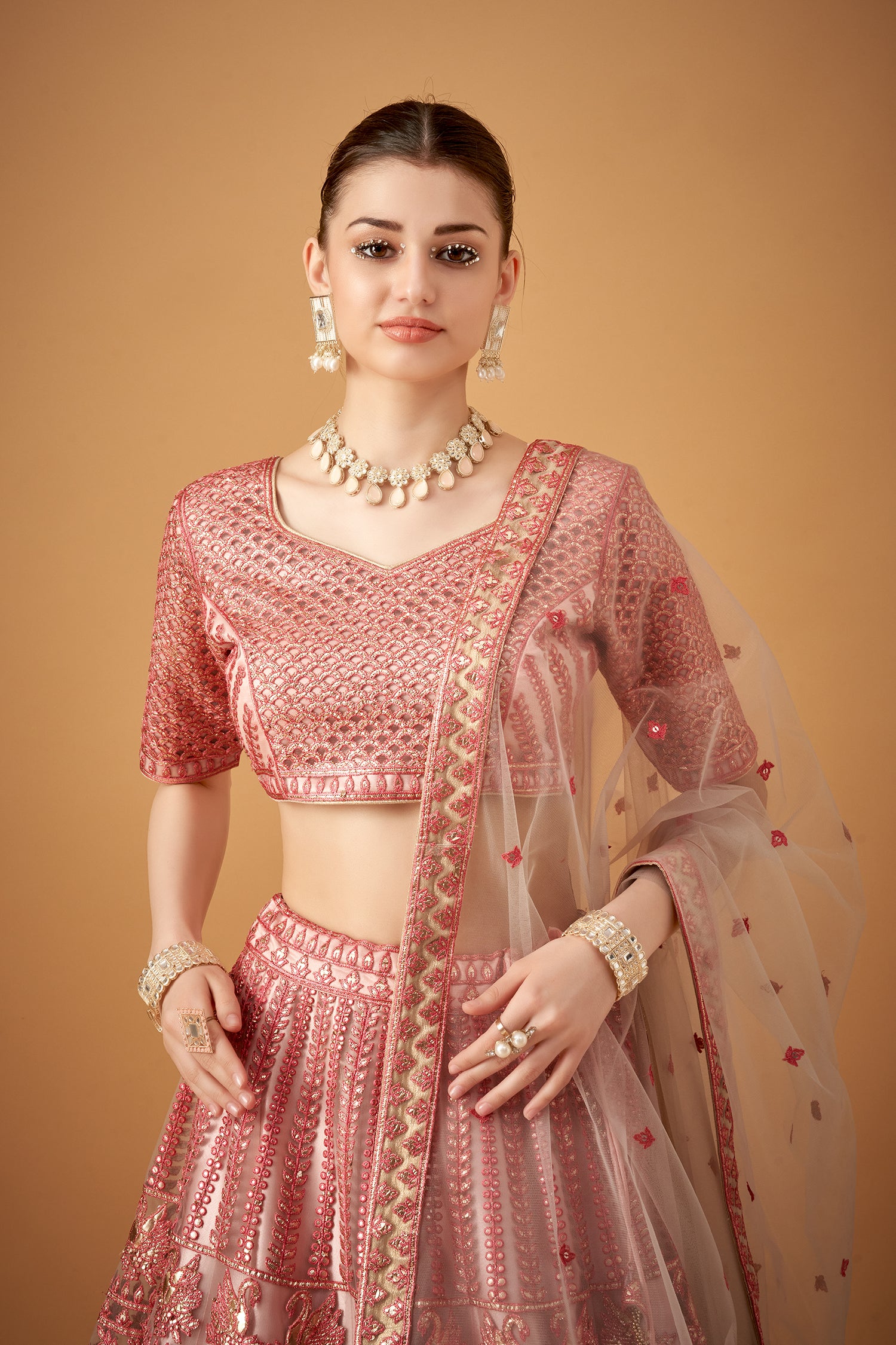 Peach Embroidered Lehenga Set With Gotta Work