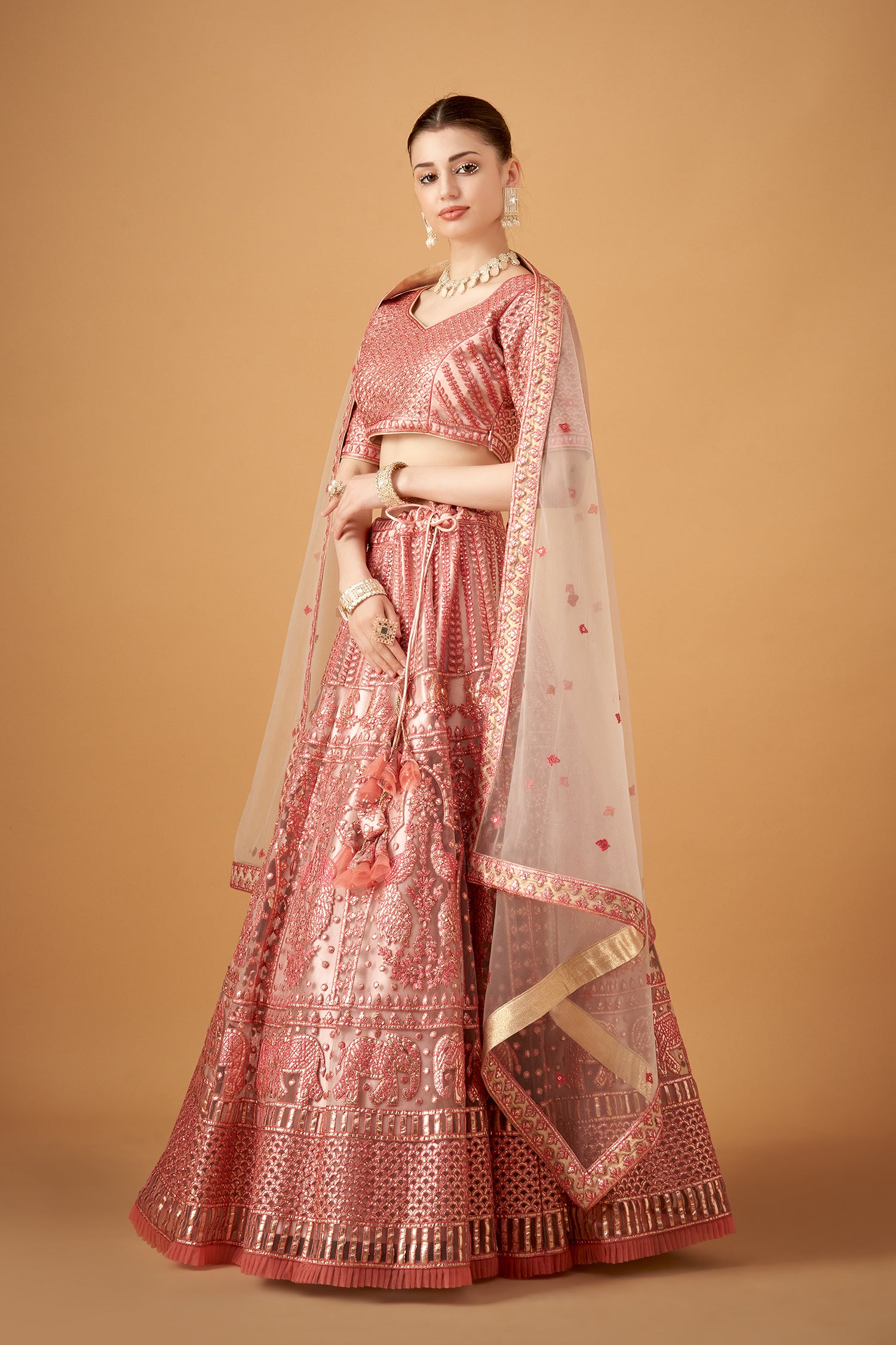 Peach Embroidered Lehenga Set With Gotta Work