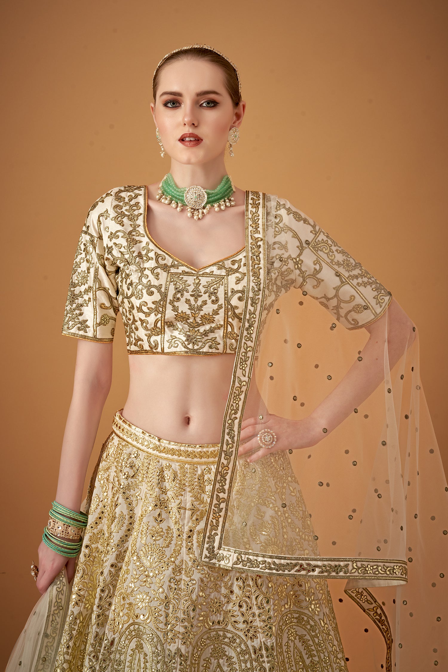 Forest Green Ombre Embroidered Lehenga Set with Gotta Work