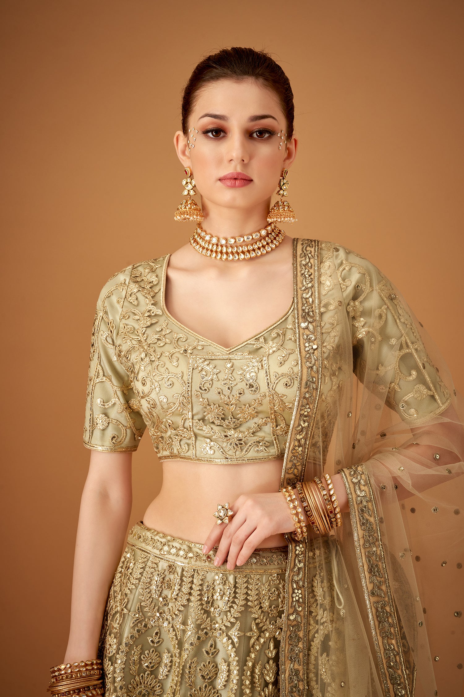 Olive Green Ombre Embroidered Lehenga Set With Gotta Work