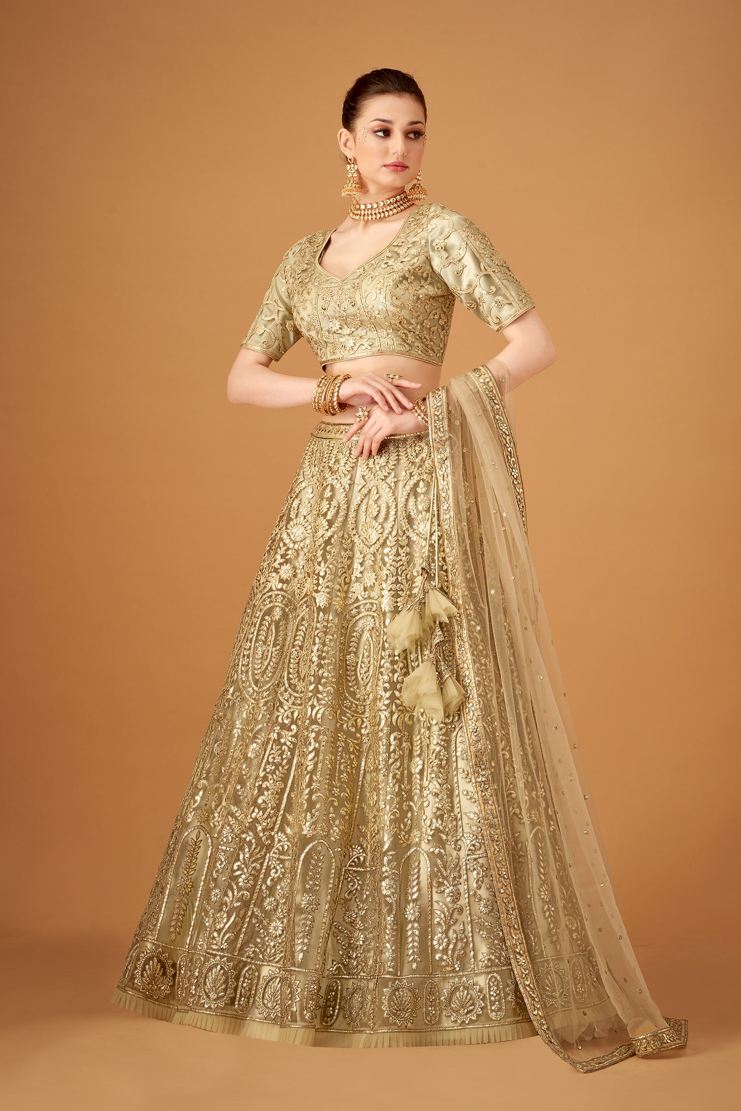 Olive Green Ombre Embroidered Lehenga Set With Gotta Work