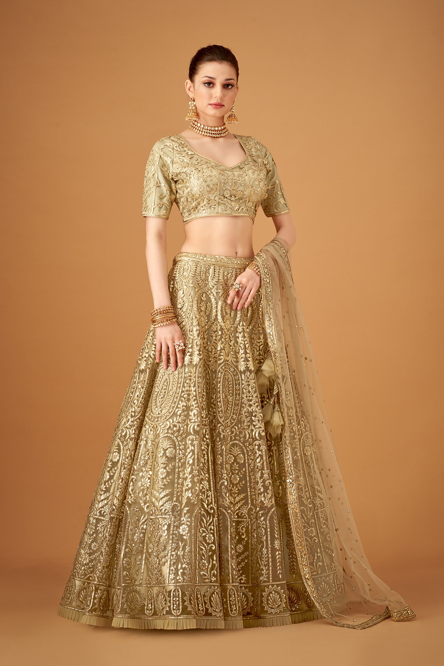 Olive Green Ombre Embroidered Lehenga Set With Gotta Work