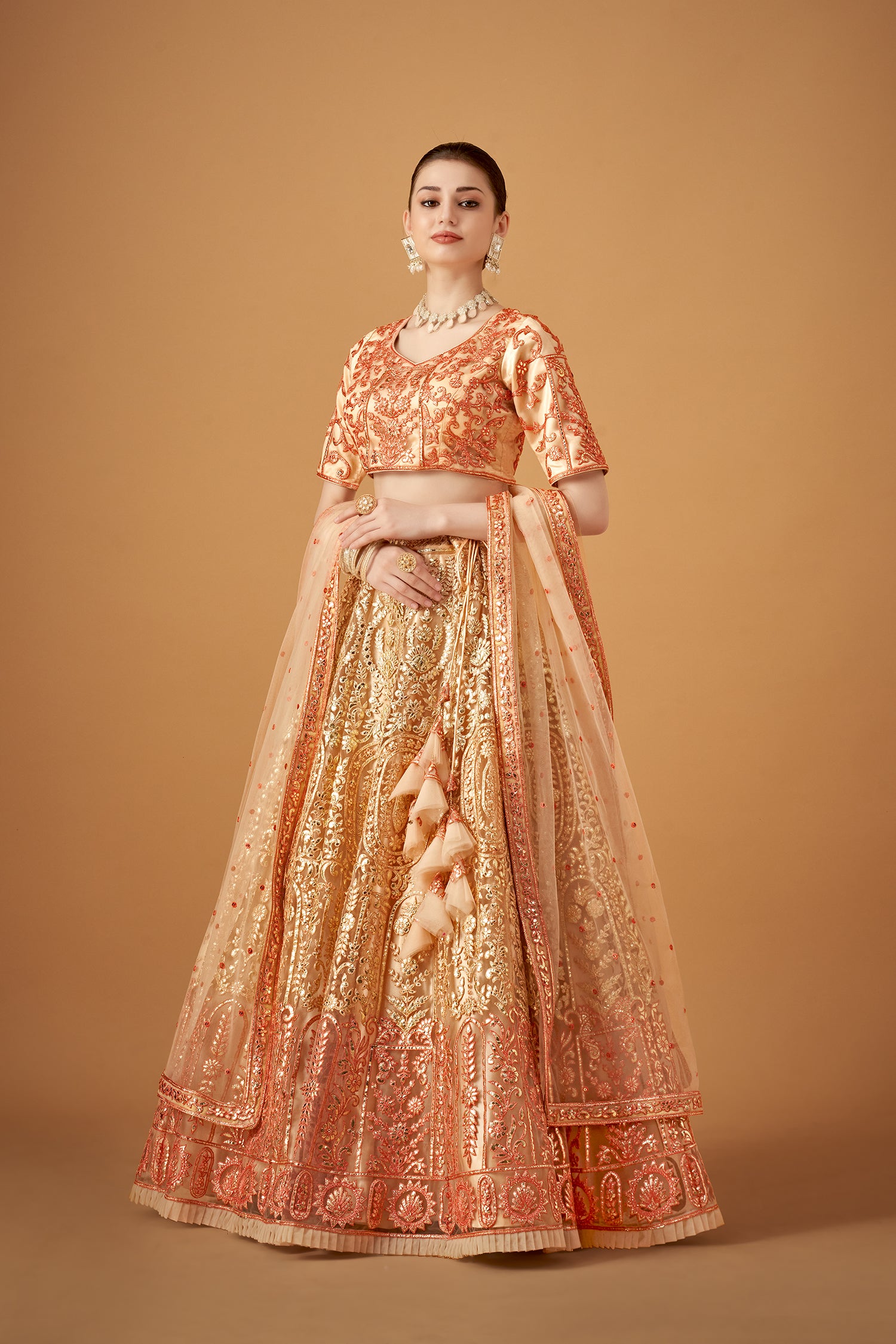 Peach Ombre Embroidered Lehenga Set with Gotta Work