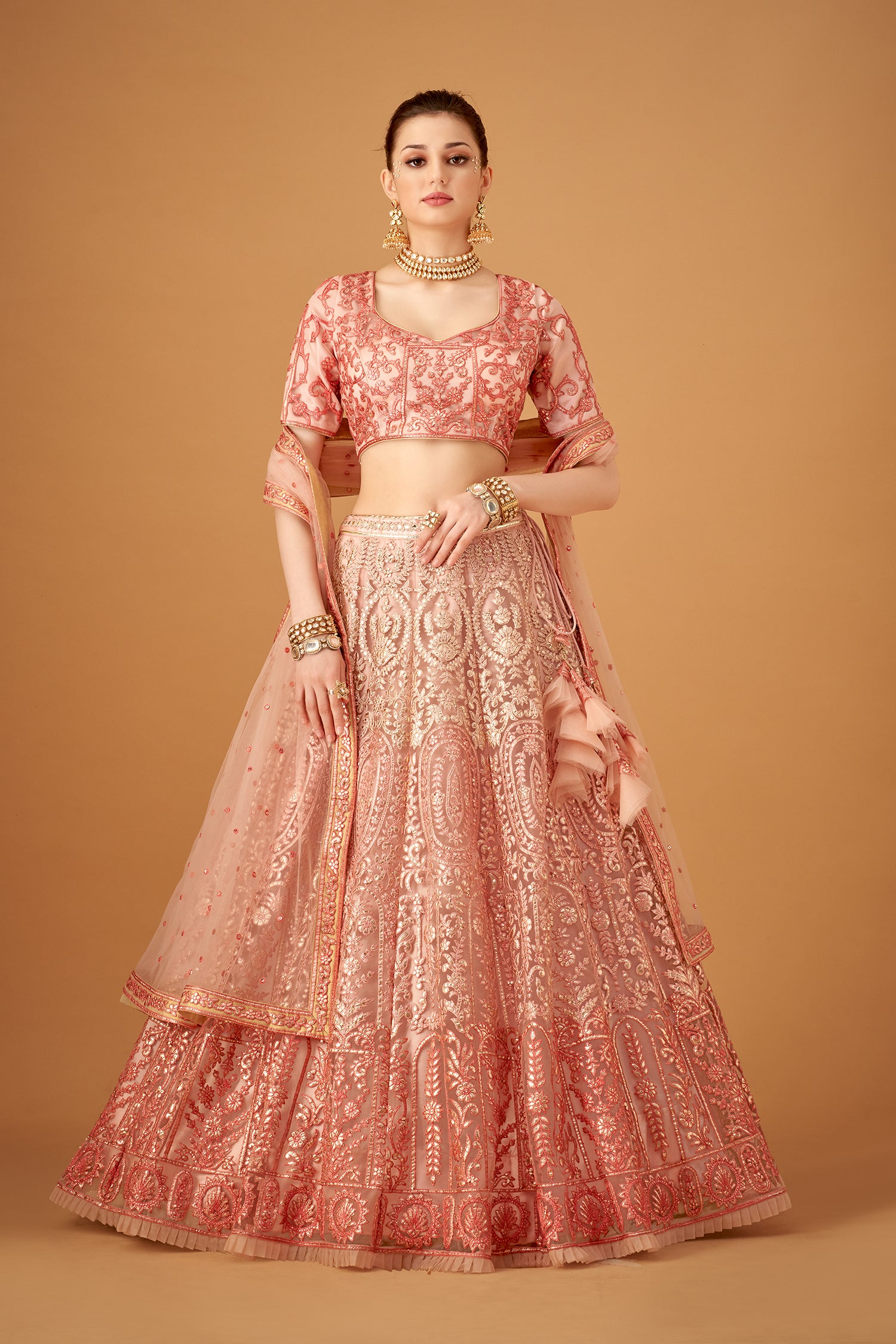 Melon Peach Ombre Embroidered Lehenga Set With Gotta Work