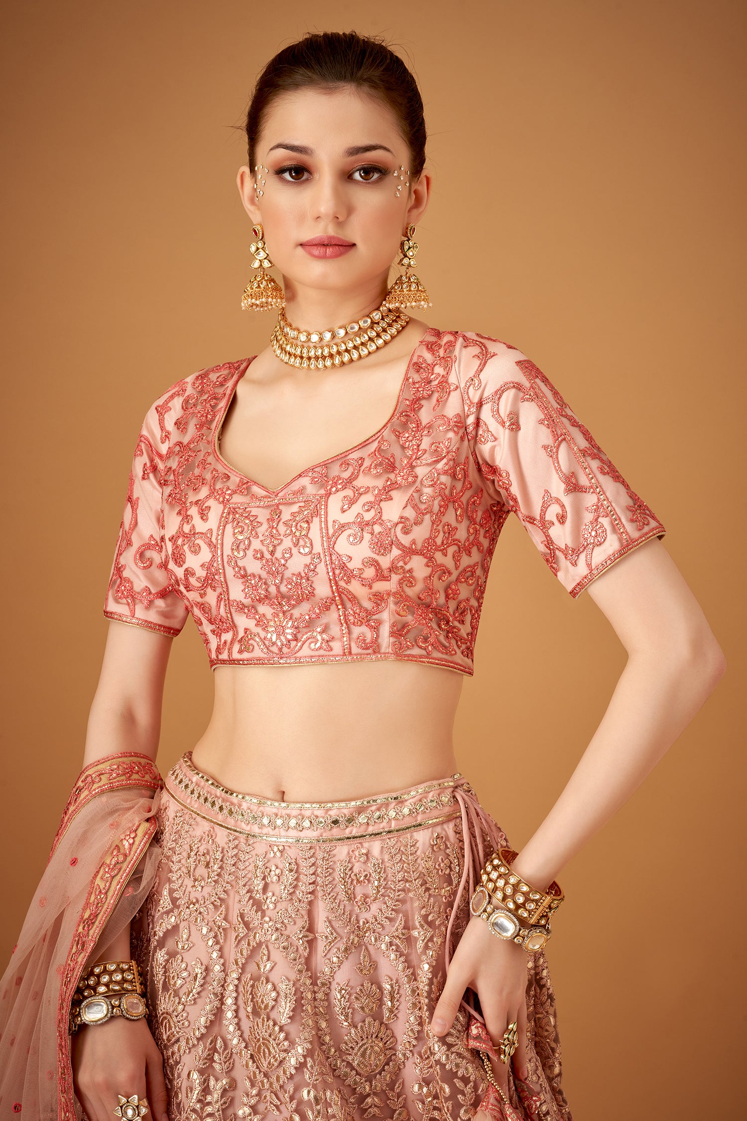 Melon Peach Ombre Embroidered Lehenga Set With Gotta Work