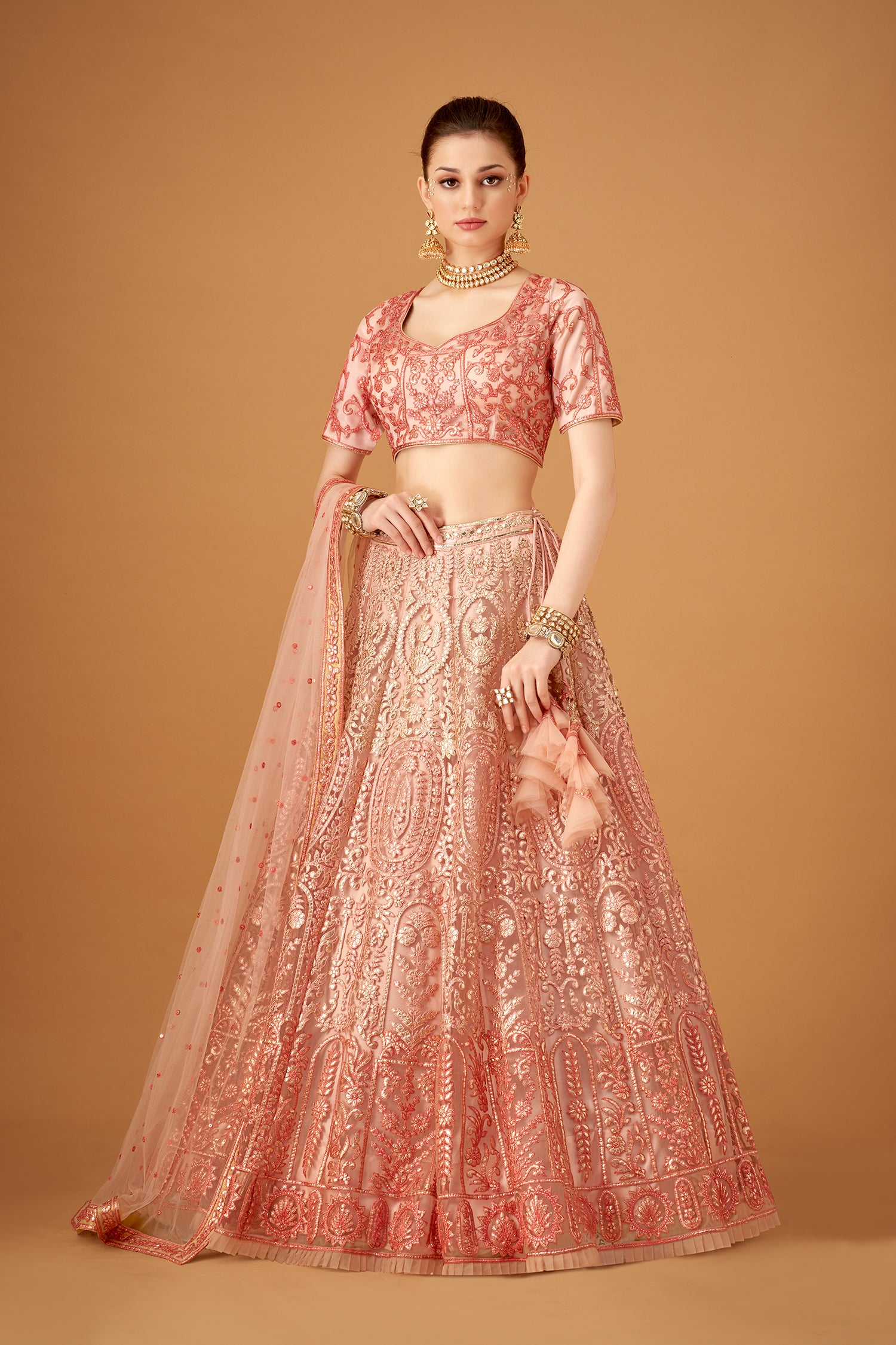 Melon Peach Ombre Embroidered Lehenga Set With Gotta Work