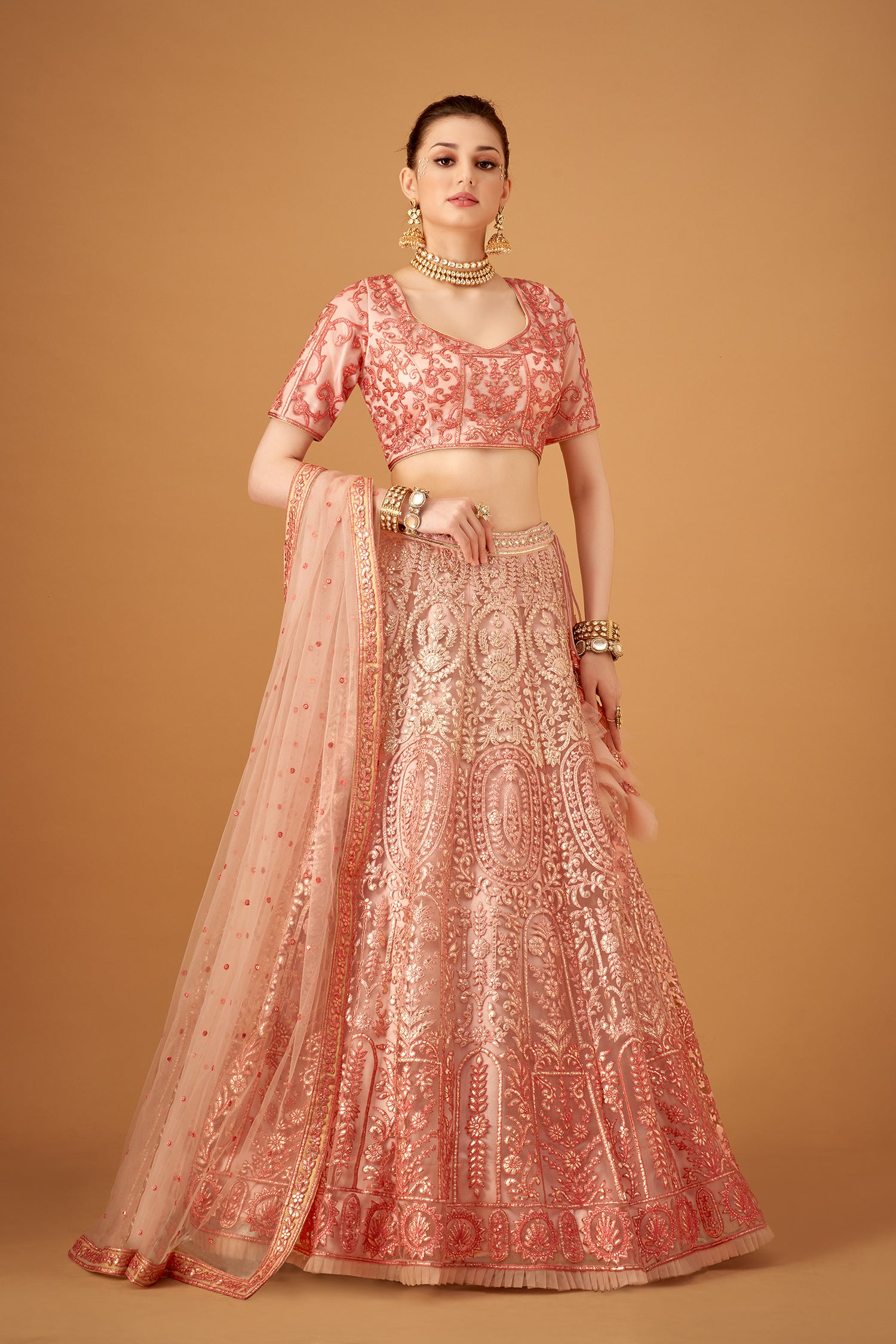Melon Peach Ombre Embroidered Lehenga Set With Gotta Work