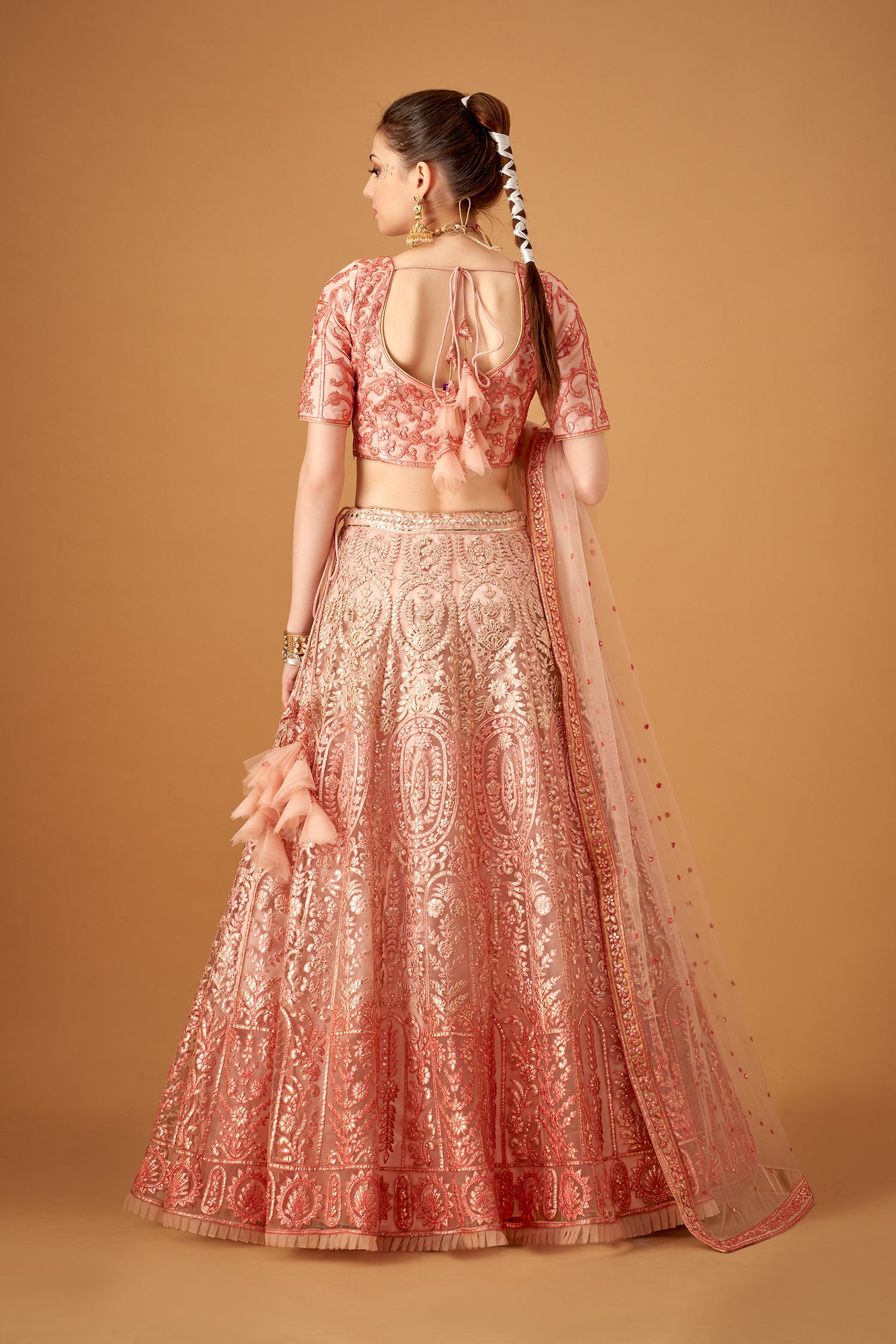 Melon Peach Ombre Embroidered Lehenga Set With Gotta Work