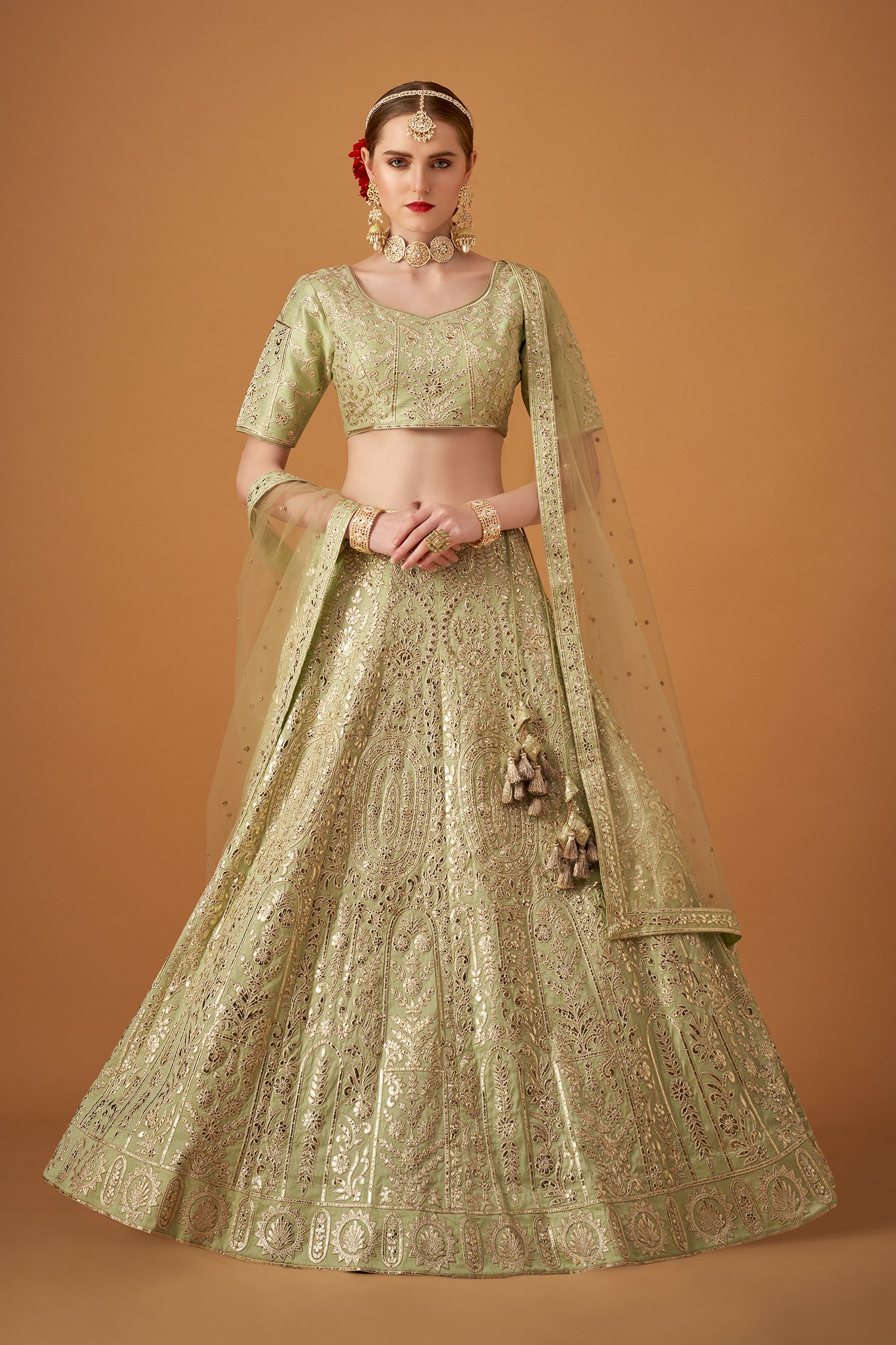 Light Green Embroidered Lehenga Set with Gotta Work