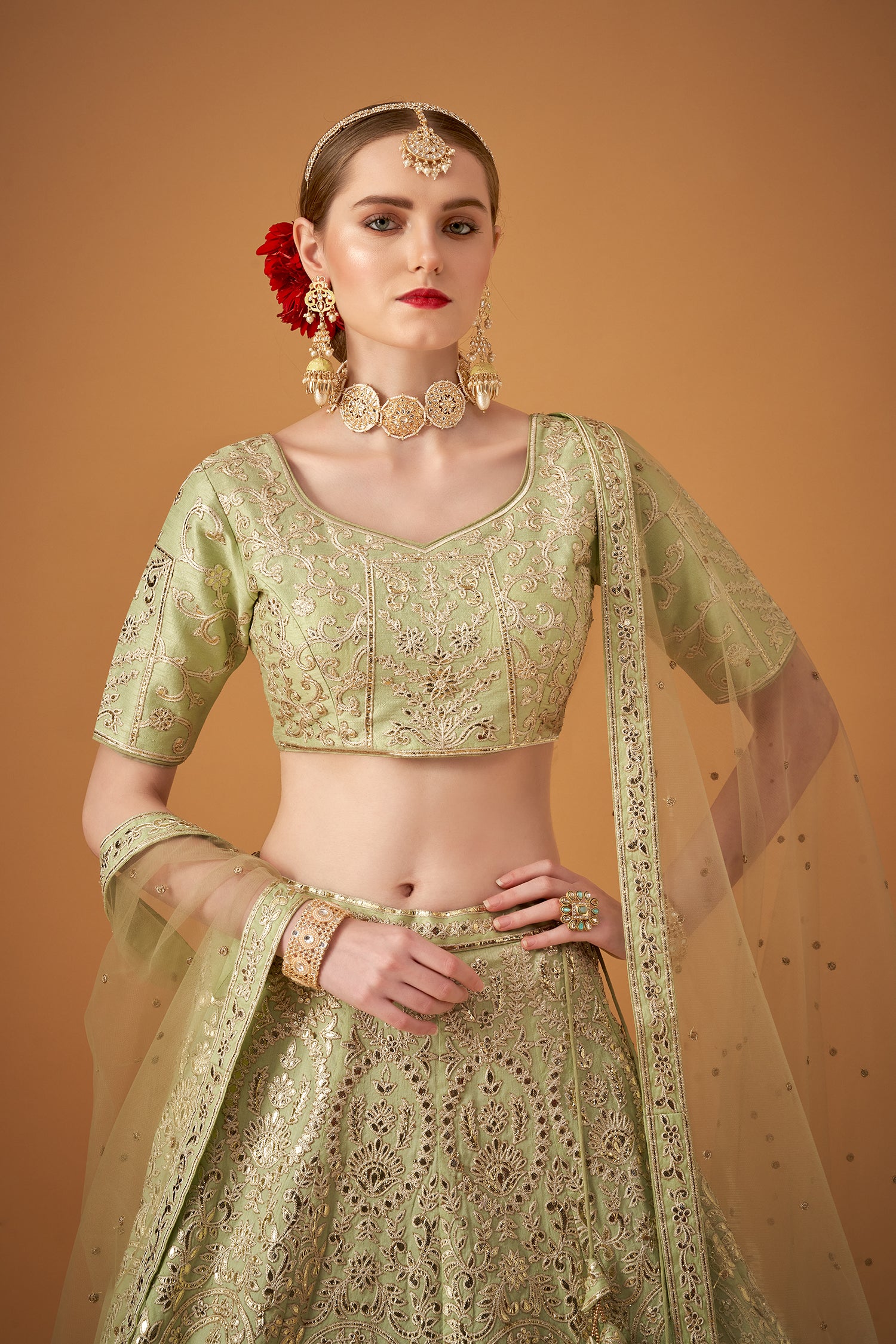 Light Green Embroidered Lehenga Set with Gotta Work