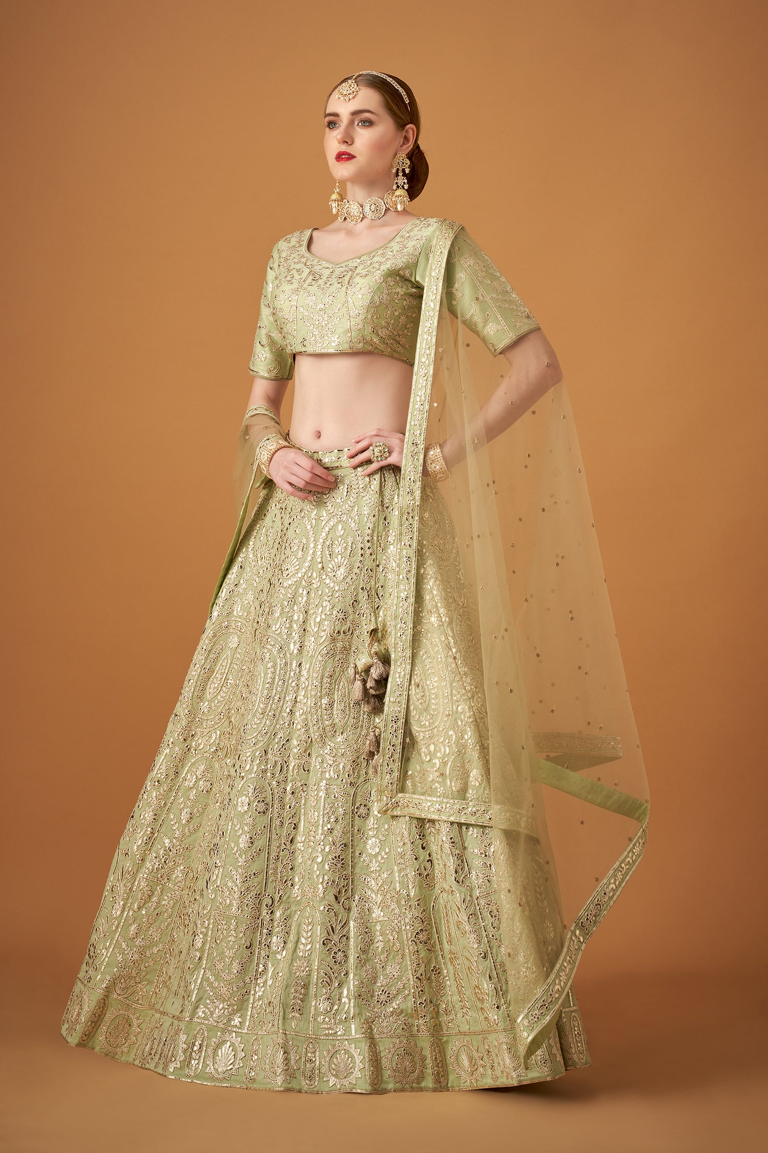 Light Green Embroidered Lehenga Set with Gotta Work