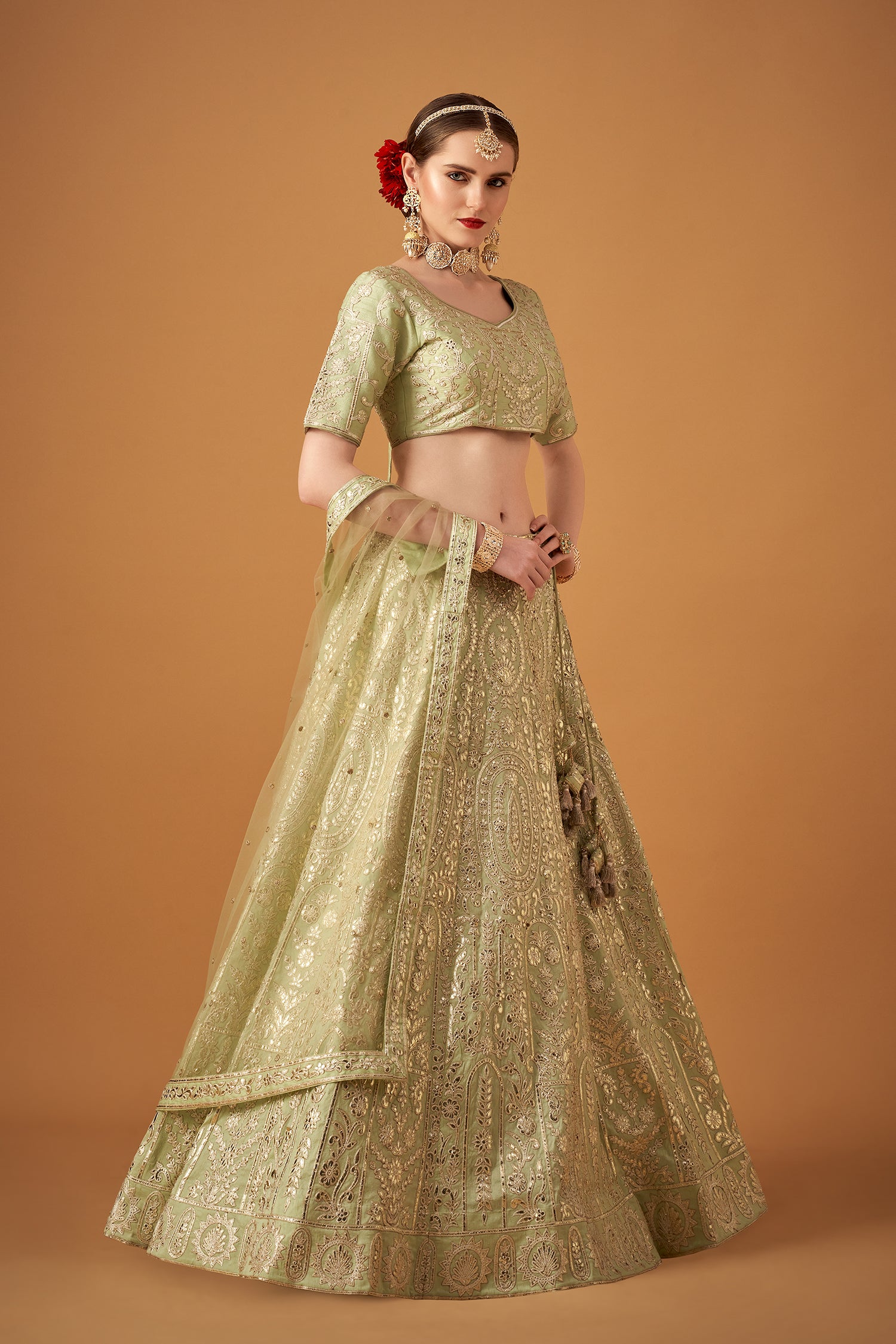 Light Green Embroidered Lehenga Set with Gotta Work