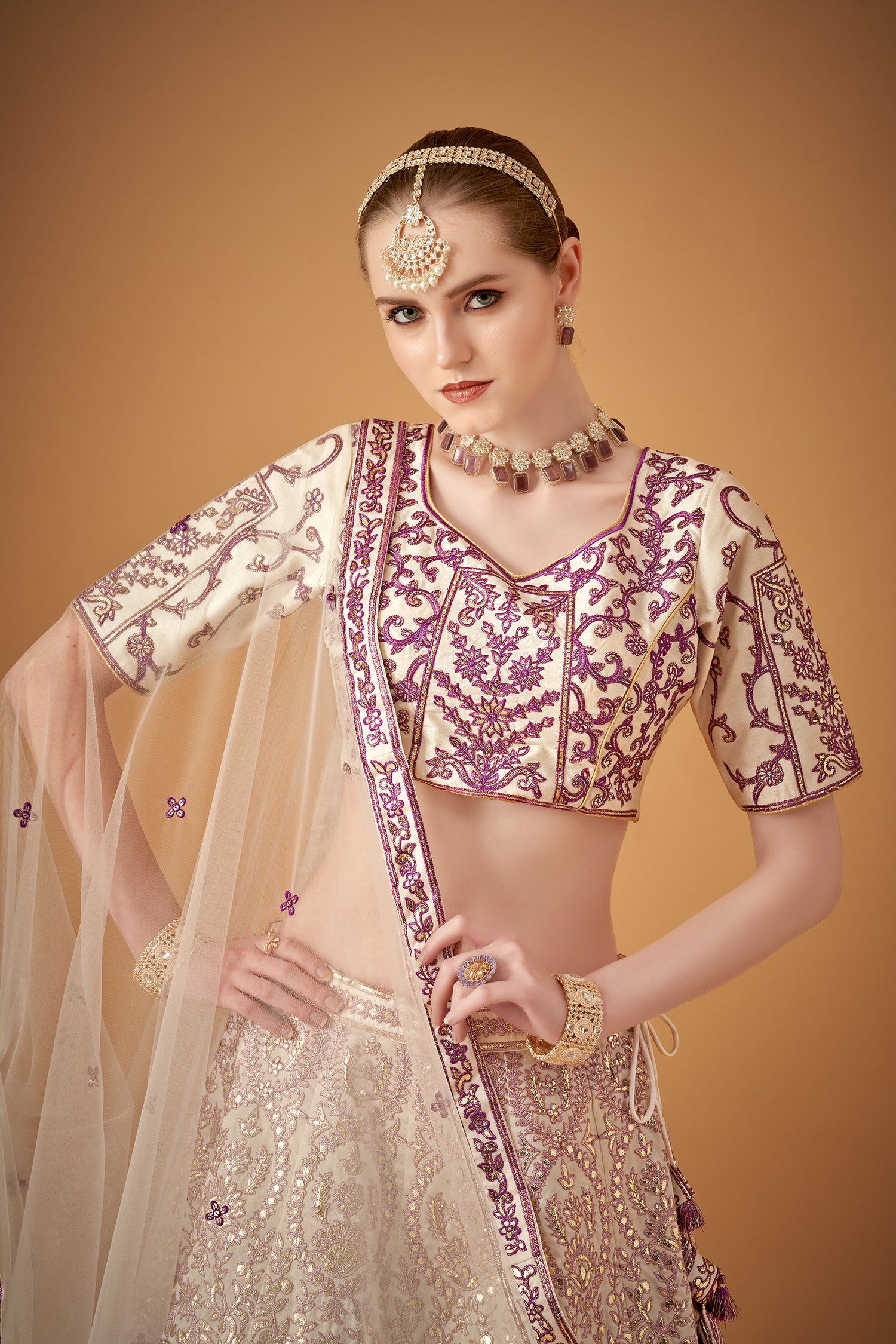 Lilac Purple Ombre Embroidered Lehenga Set with Gotta Work.