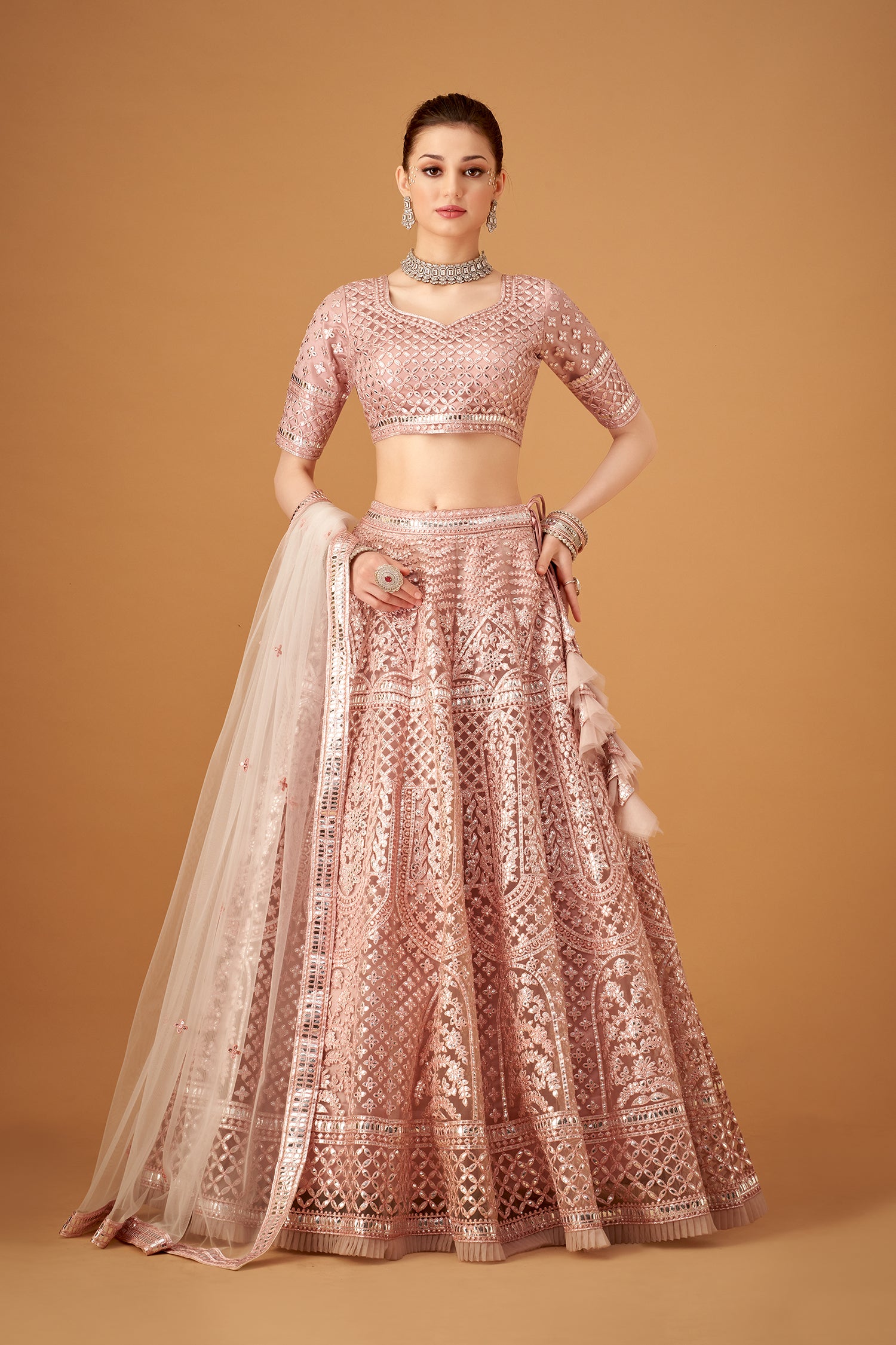 Powder Pink Embroidered Lehenga Set With Silver Foil Embellishmments