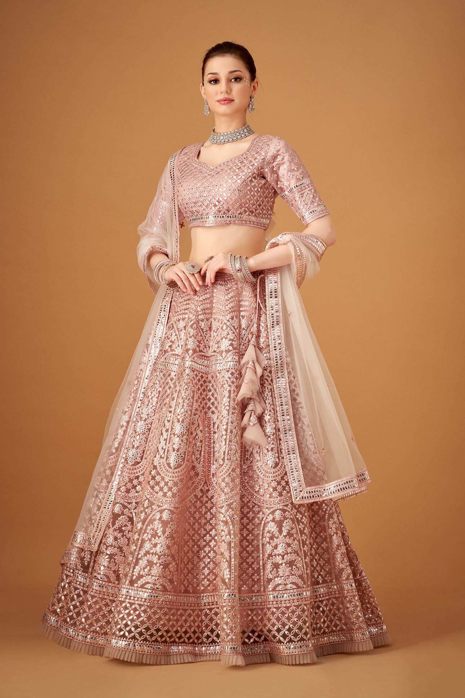 Powder Pink Embroidered Lehenga Set With Silver Foil Embellishmments
