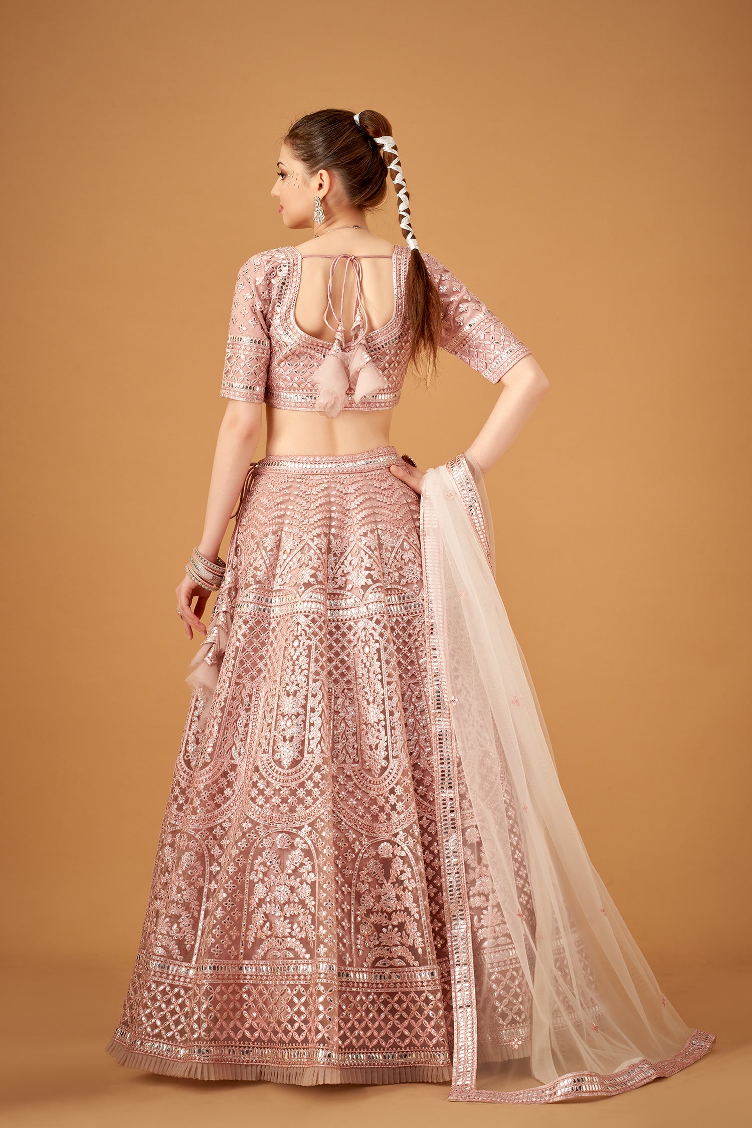 Powder Pink Embroidered Lehenga Set With Silver Foil Embellishmments