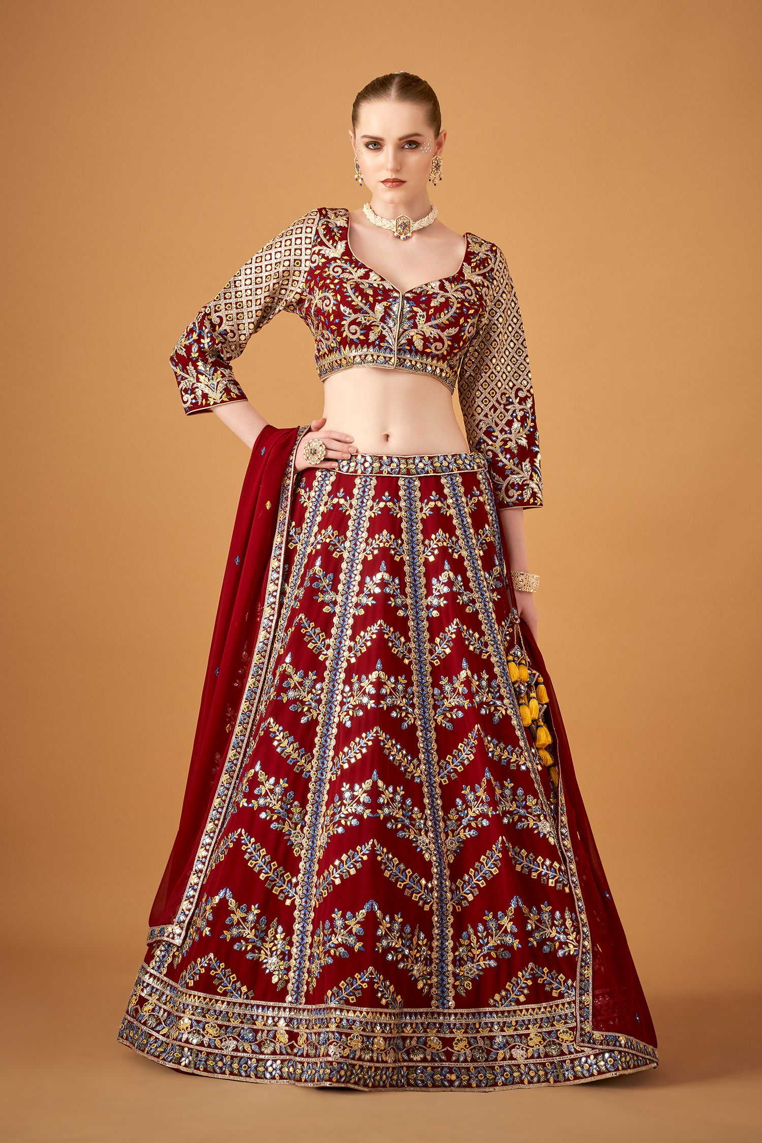 Red Georgette Embroidered Lehenga Set With Silver Foil Embellishments