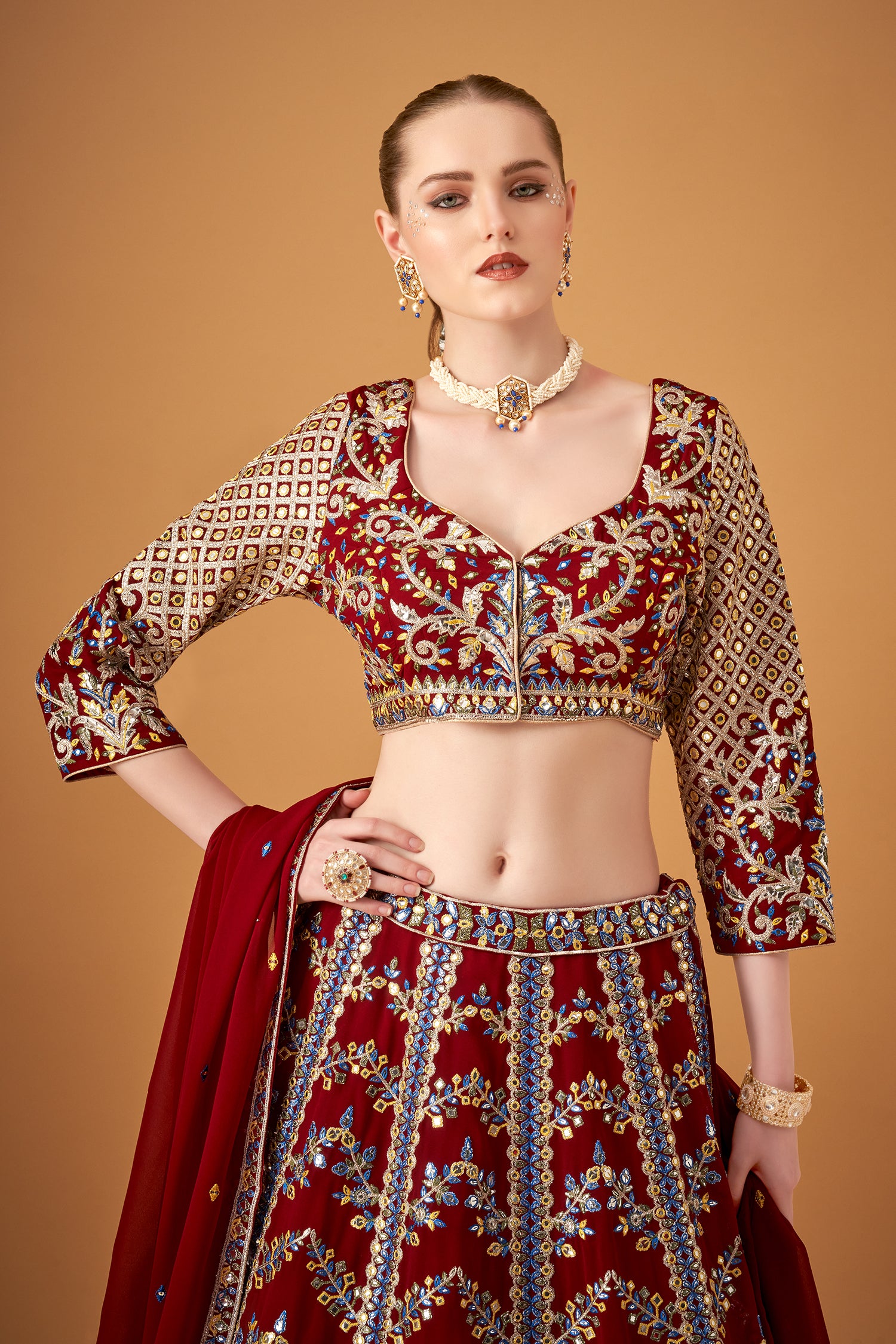 Red Georgette Embroidered Lehenga Set With Silver Foil Embellishments