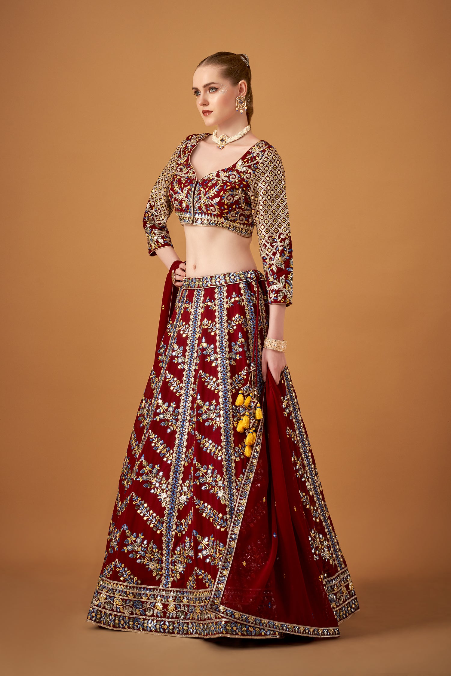 Red Georgette Embroidered Lehenga Set With Silver Foil Embellishments