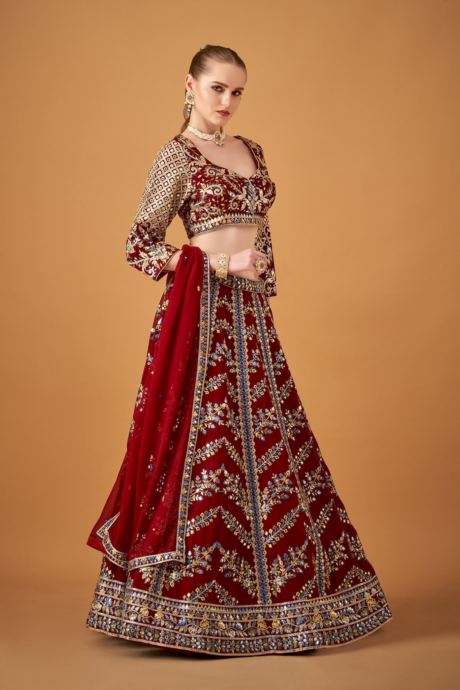 Red Georgette Embroidered Lehenga Set With Silver Foil Embellishments