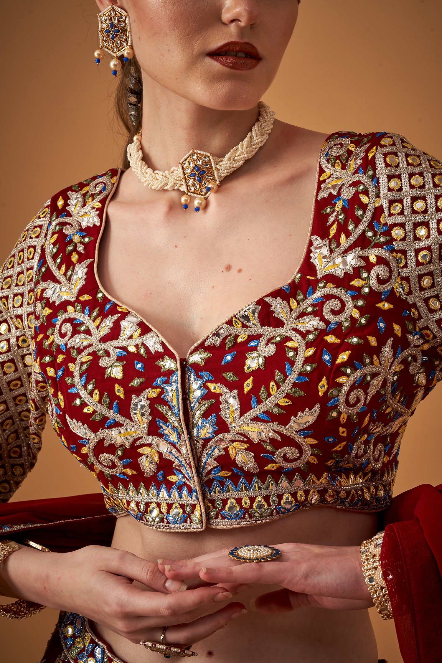 Red Georgette Embroidered Lehenga Set With Silver Foil Embellishments