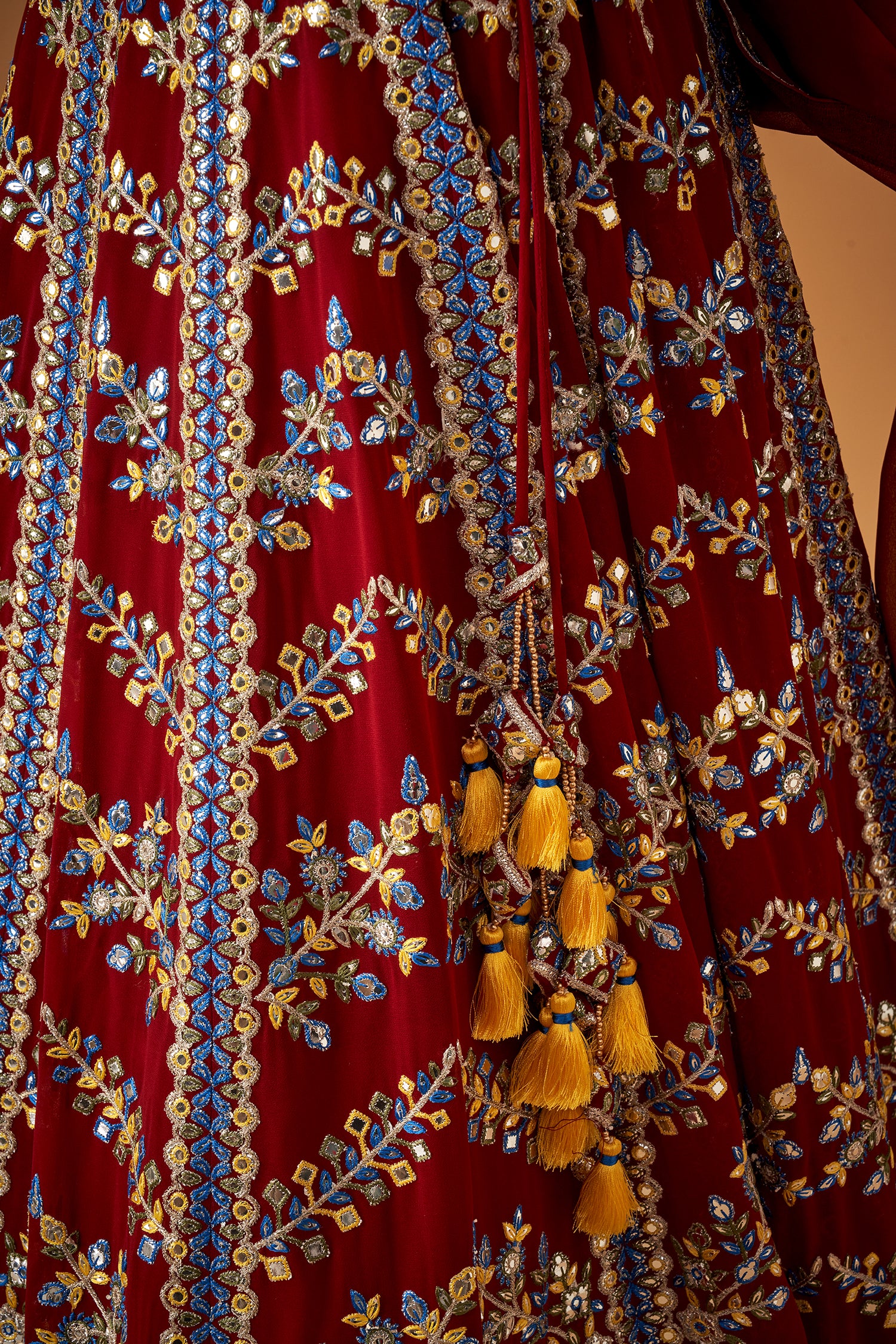 Red Georgette Embroidered Lehenga Set With Silver Foil Embellishments