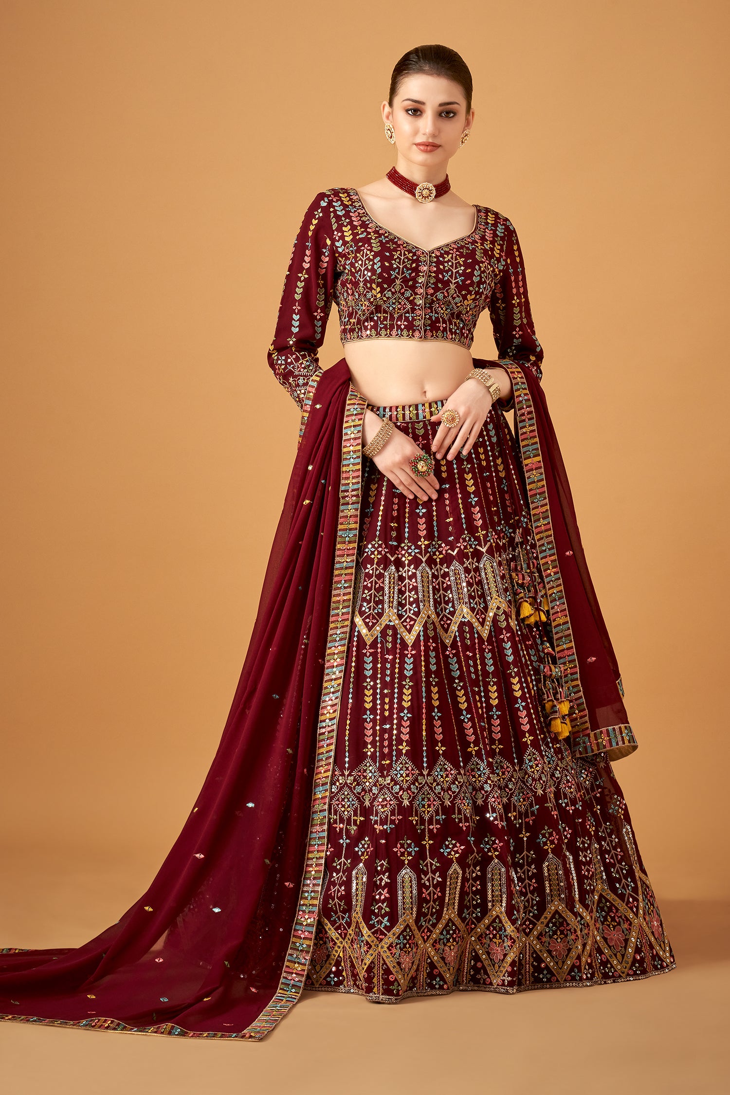 Maroon Georgette Embroidered Lehenga Set