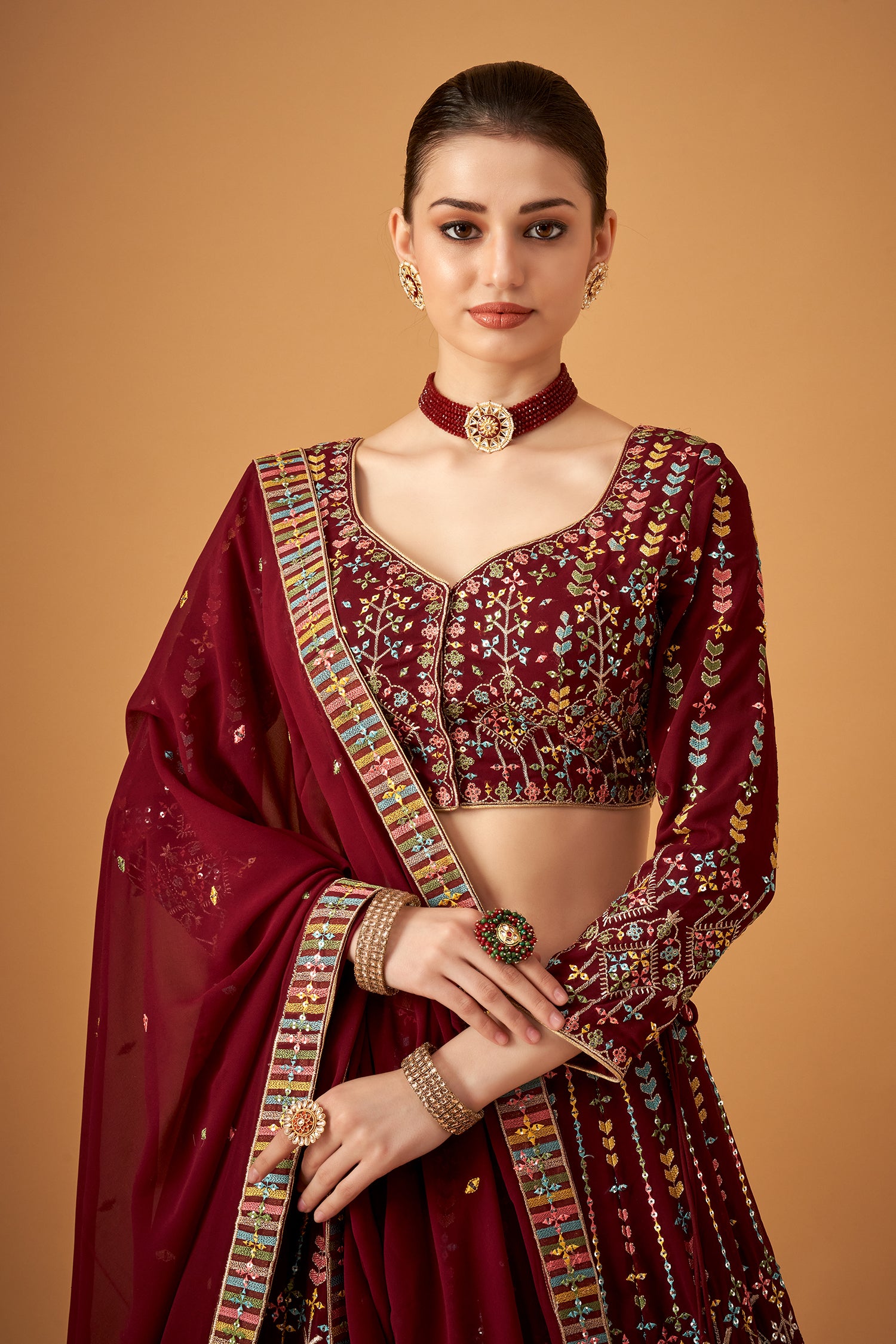 Maroon Georgette Embroidered Lehenga Set