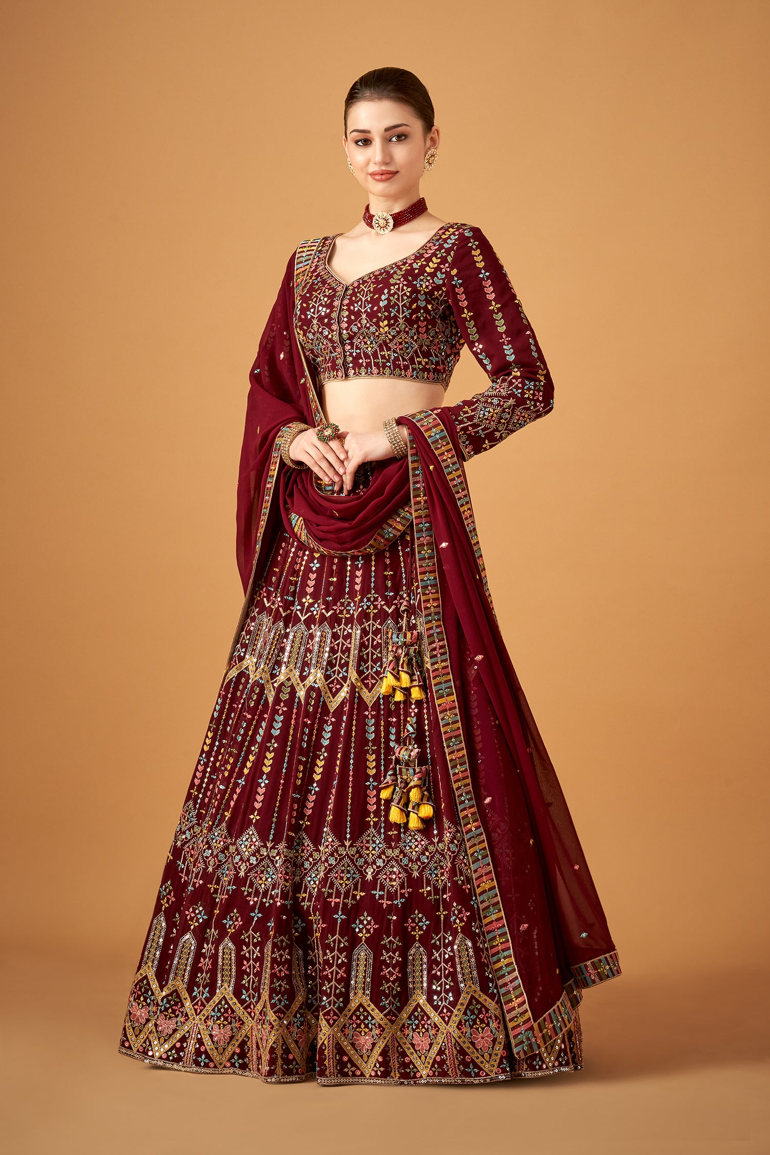 Maroon Georgette Embroidered Lehenga Set