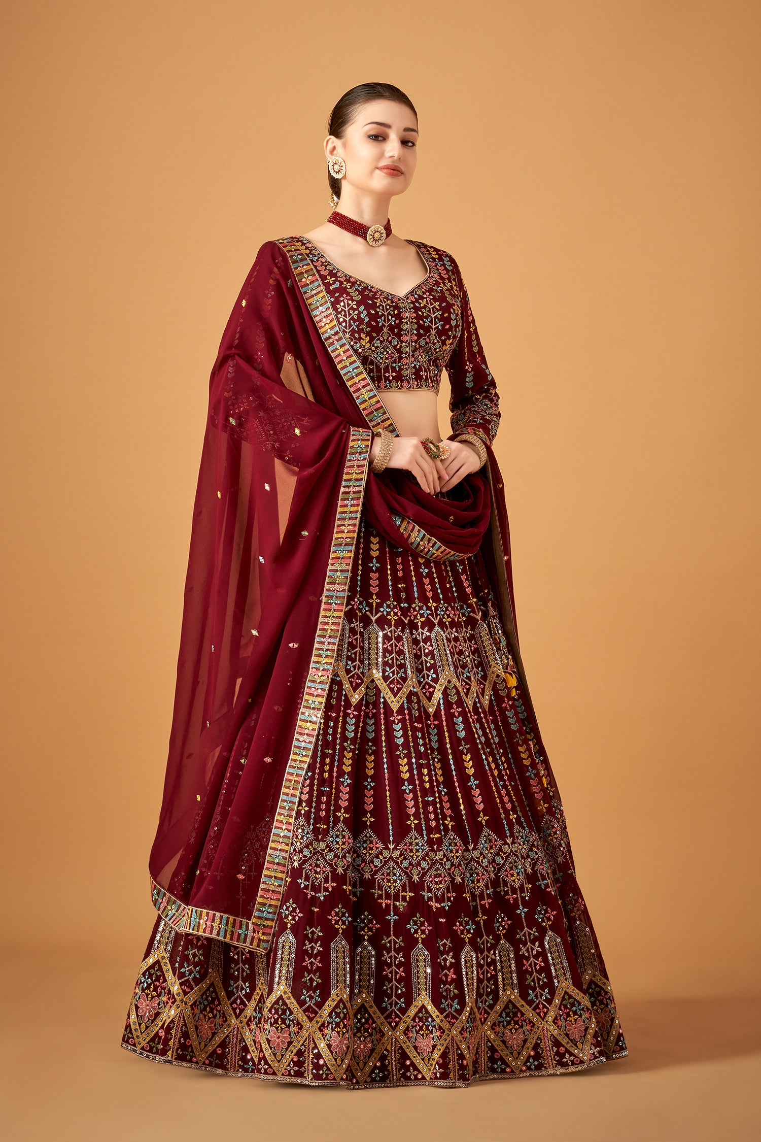 Maroon Georgette Embroidered Lehenga Set