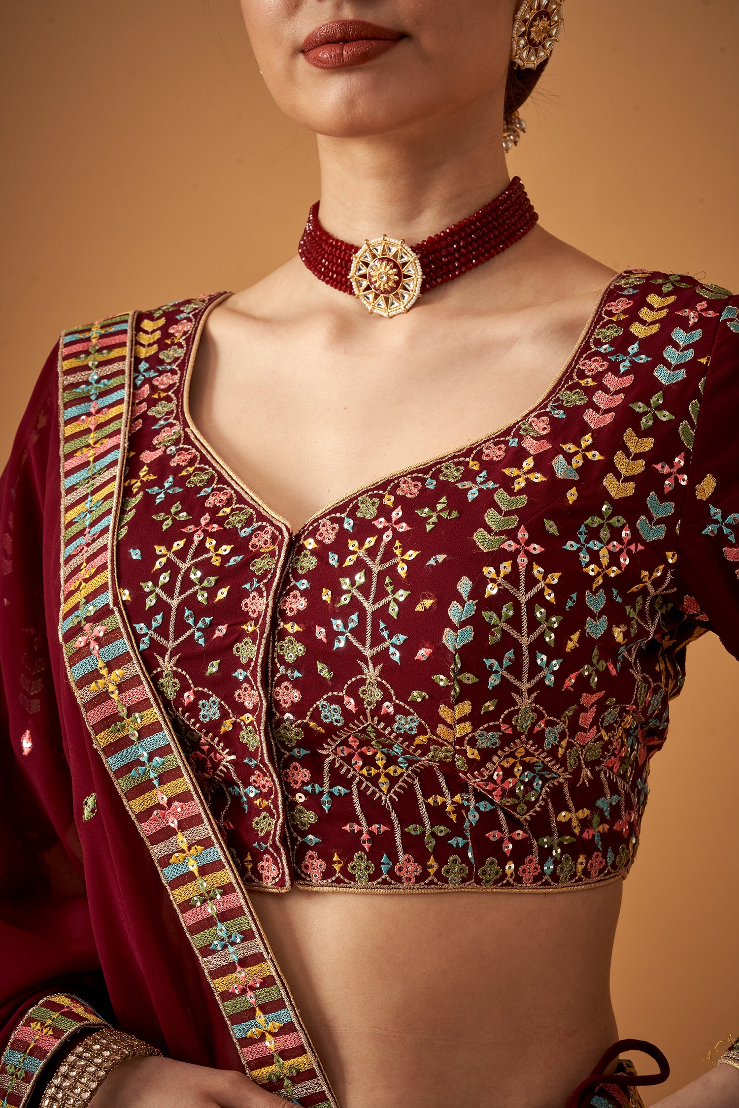 Maroon Georgette Embroidered Lehenga Set