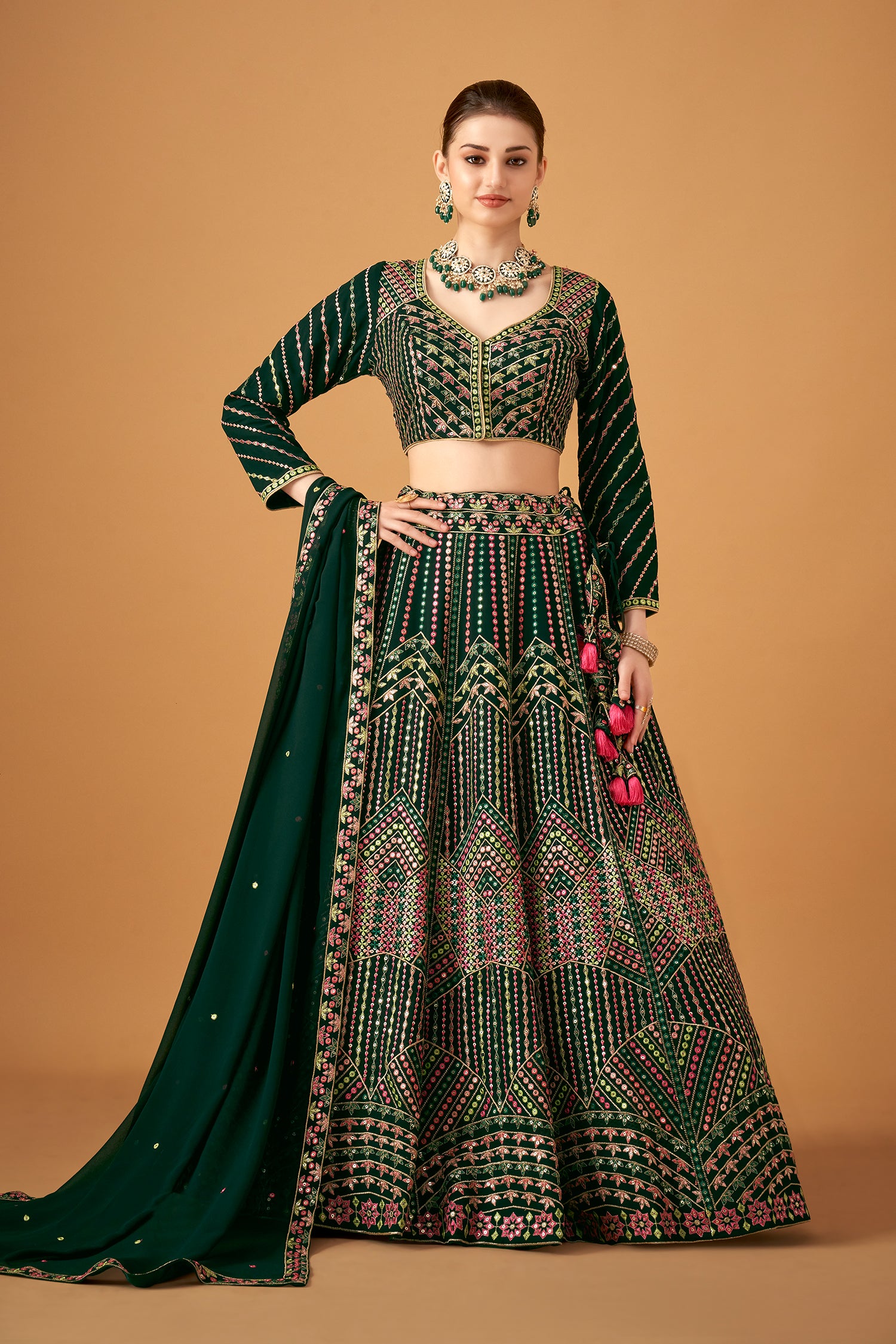 Bottle Green Georgette Embroidered Lehenga Set