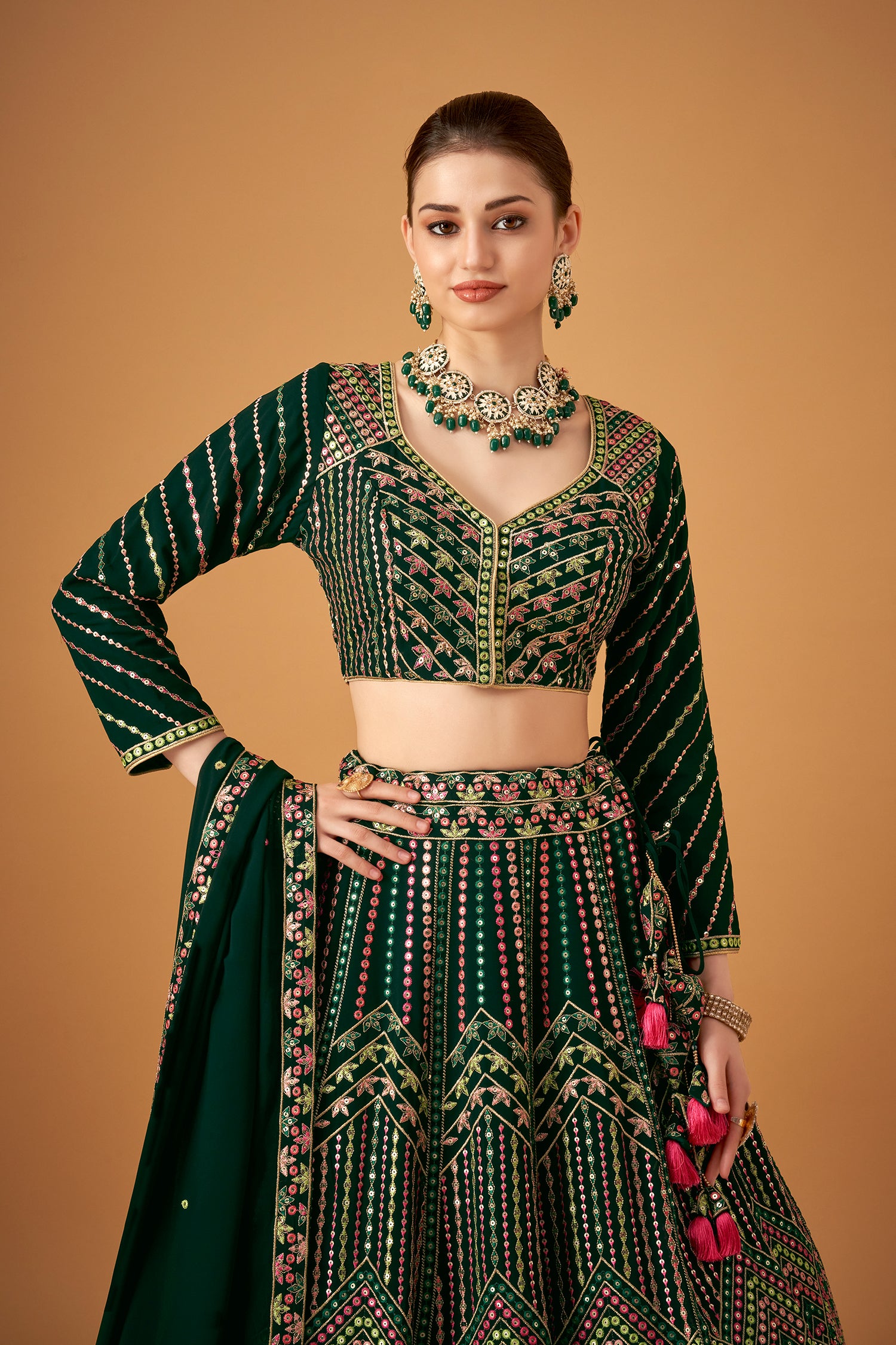 Bottle Green Georgette Embroidered Lehenga Set
