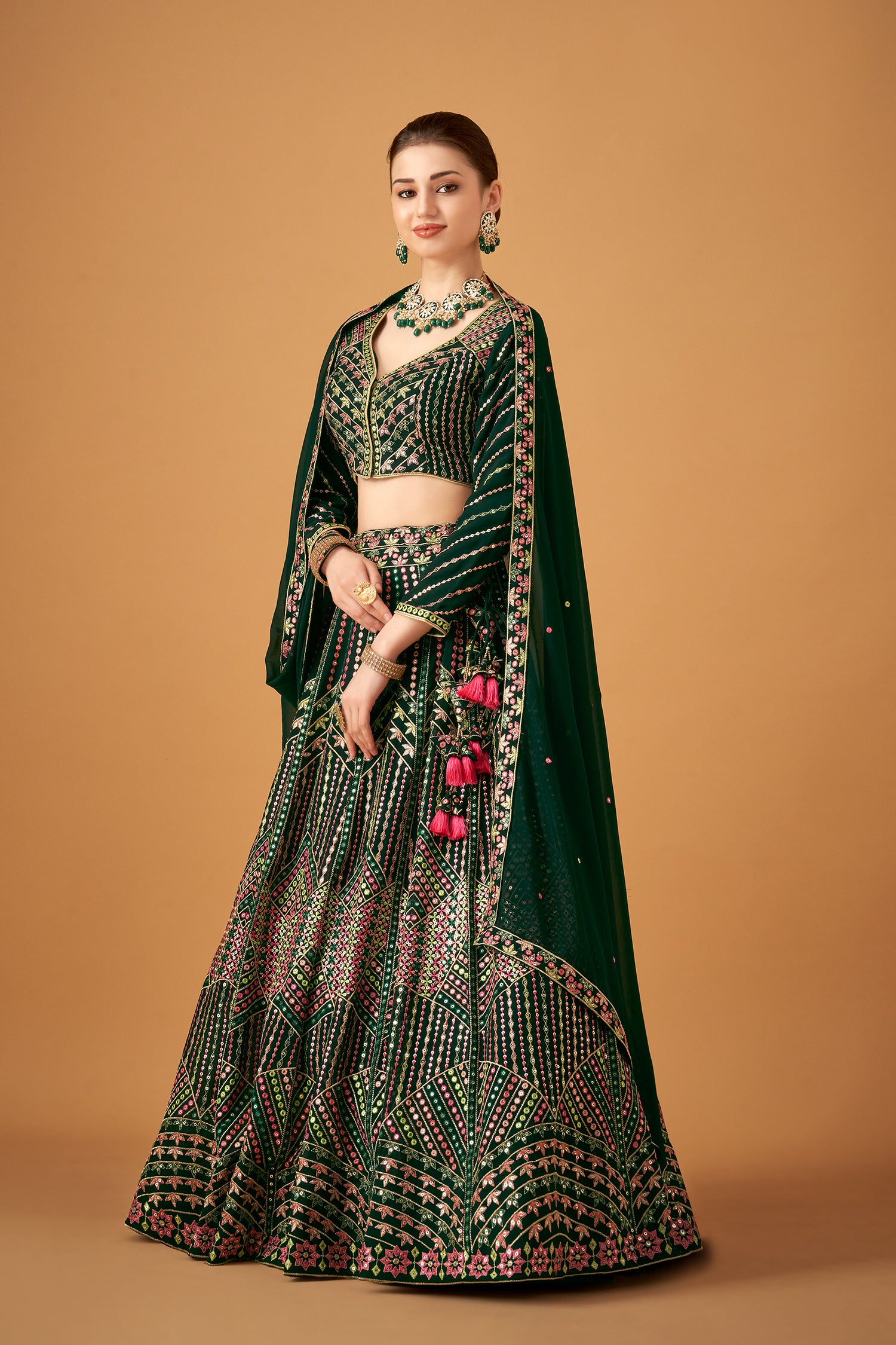 Bottle Green Georgette Embroidered Lehenga Set