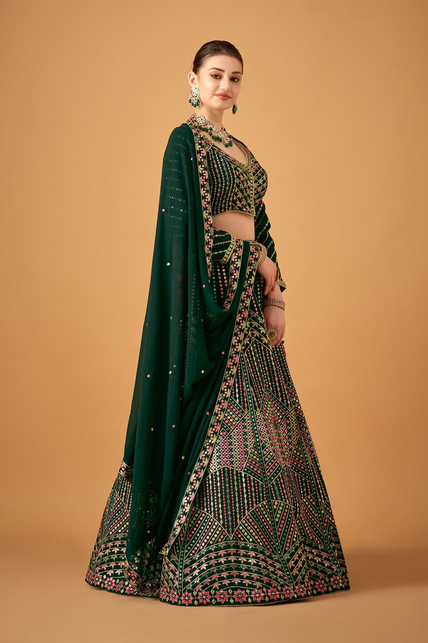 Bottle Green Georgette Embroidered Lehenga Set
