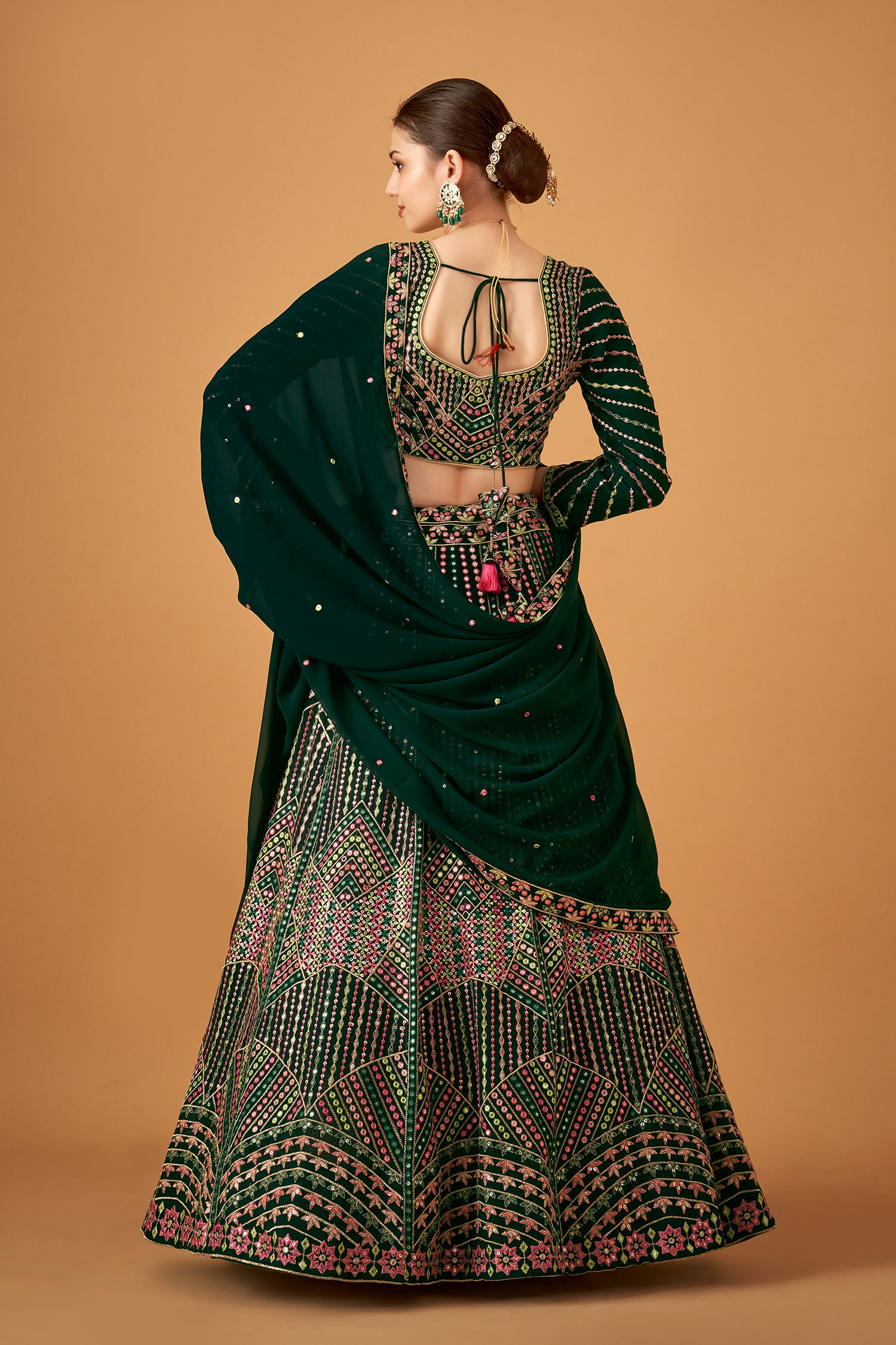 Bottle Green Georgette Embroidered Lehenga Set