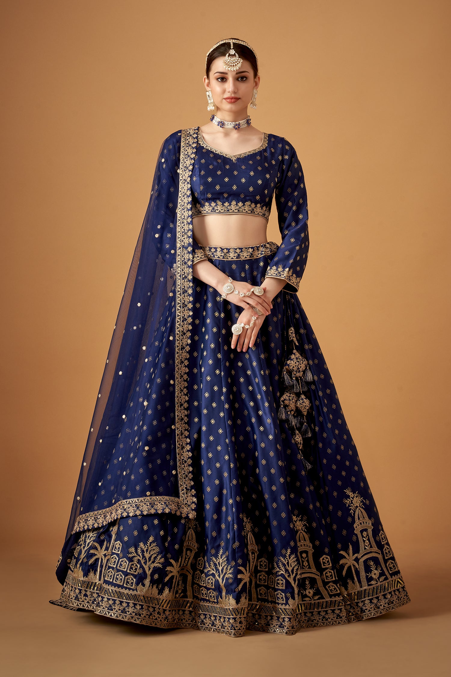 Royal Blue Jacquard Lehenga Set With Golden Embroidery