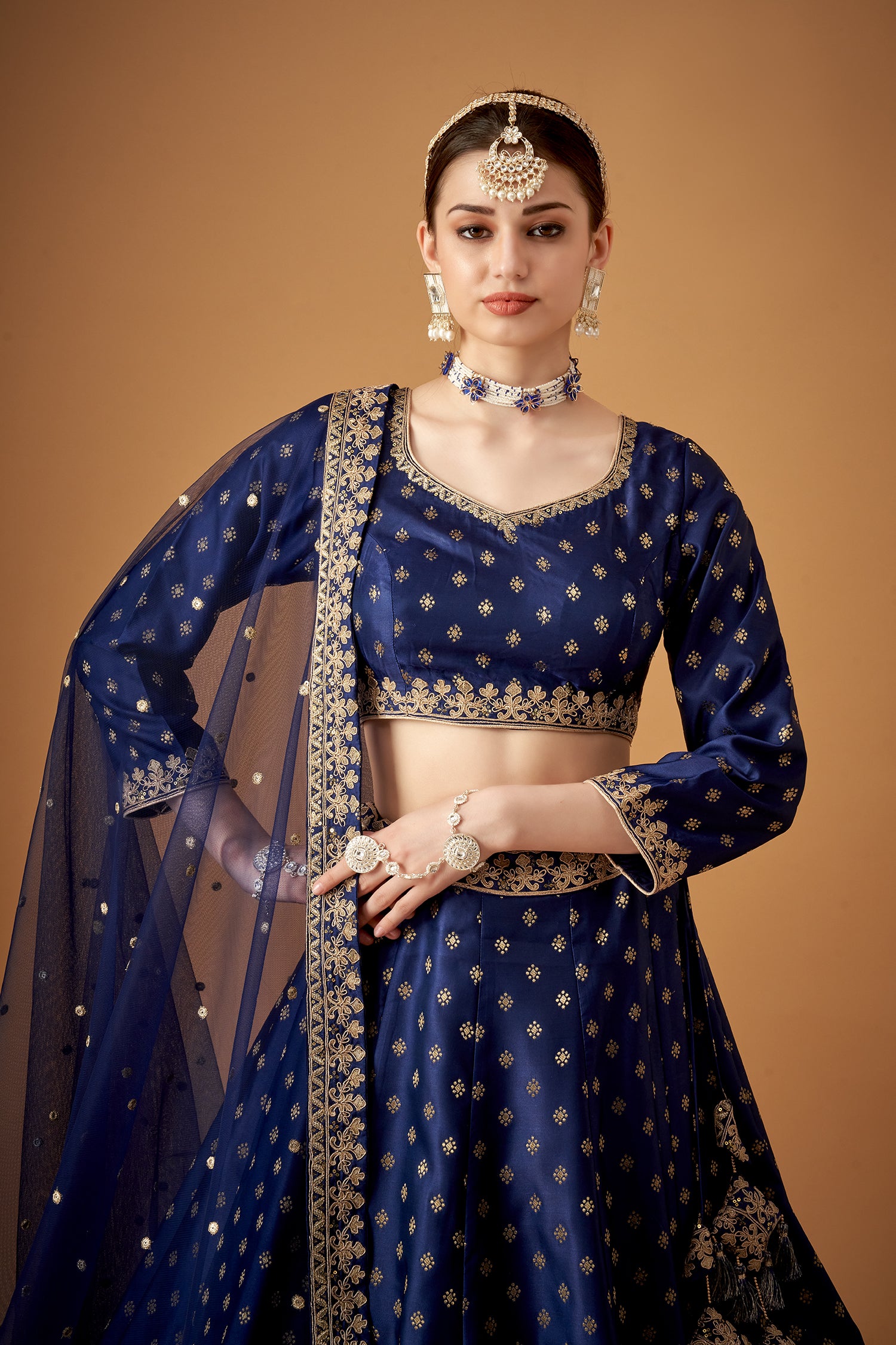 Royal Blue Jacquard Lehenga Set With Golden Embroidery