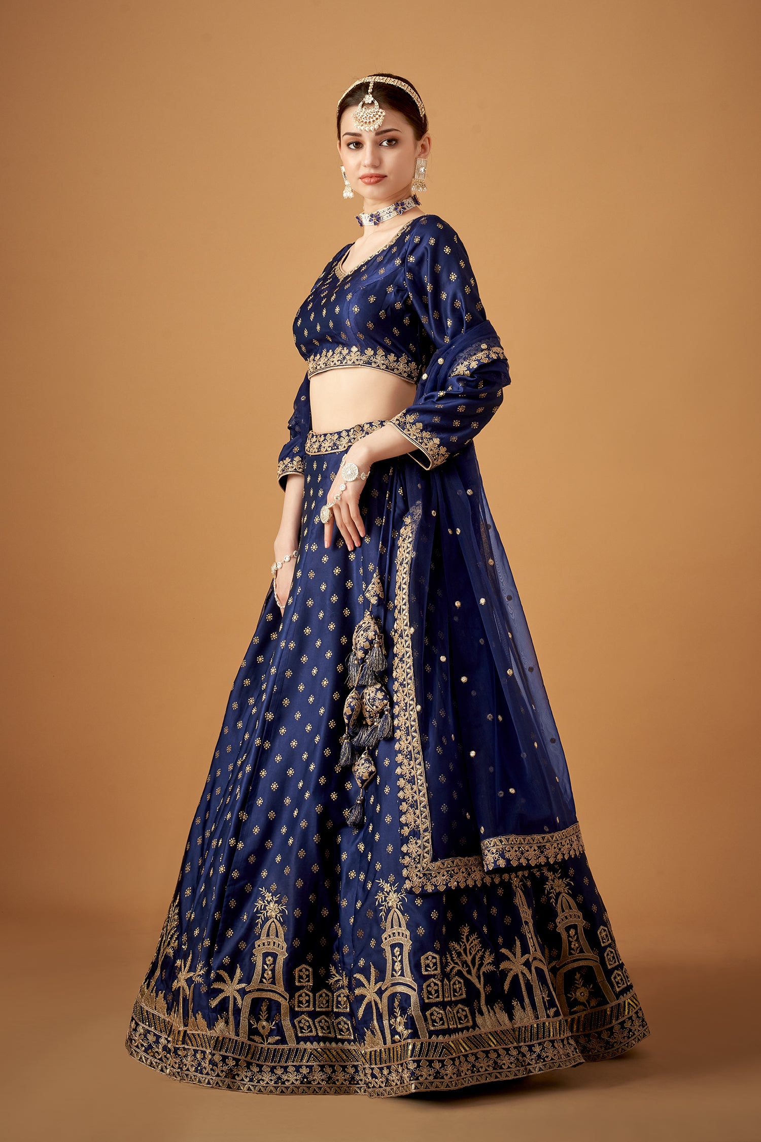 Royal Blue Jacquard Lehenga Set With Golden Embroidery