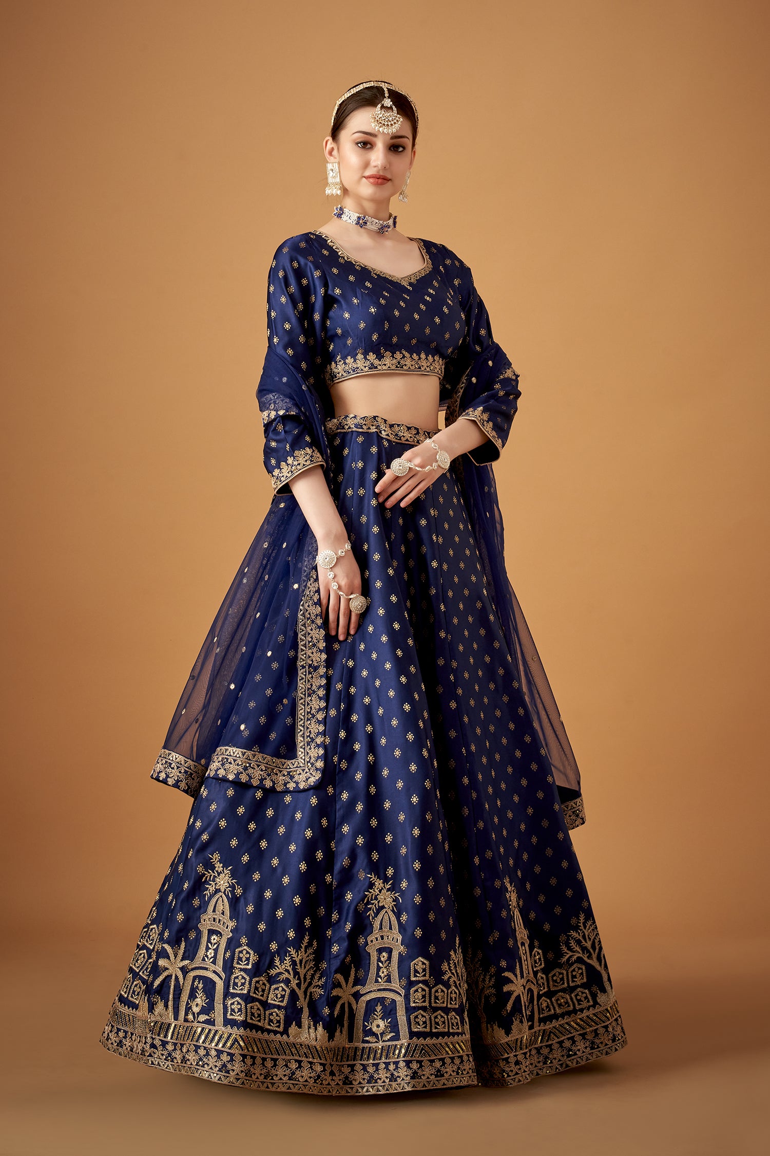 Royal Blue Jacquard Lehenga Set With Golden Embroidery
