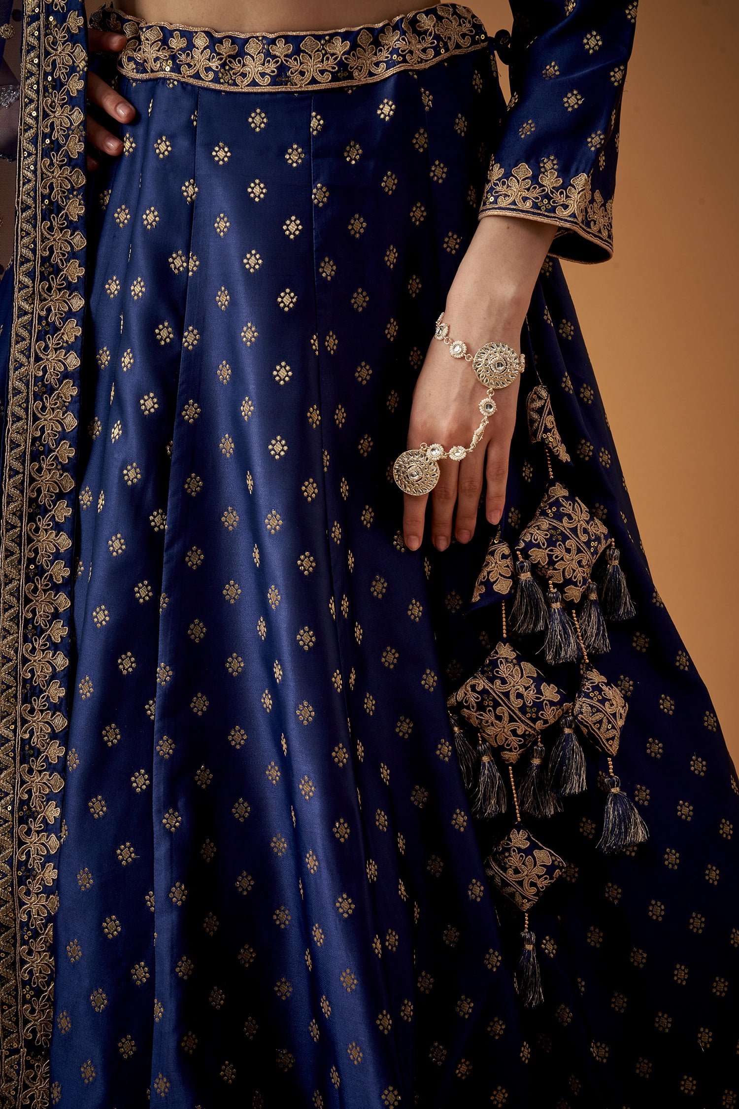 Royal Blue Jacquard Lehenga Set With Golden Embroidery