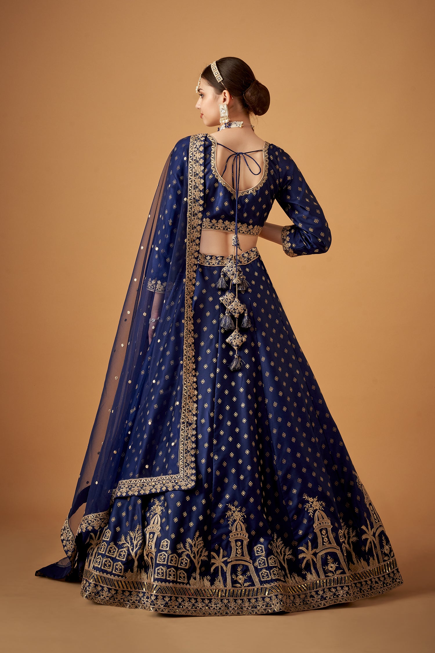 Royal Blue Jacquard Lehenga Set With Golden Embroidery