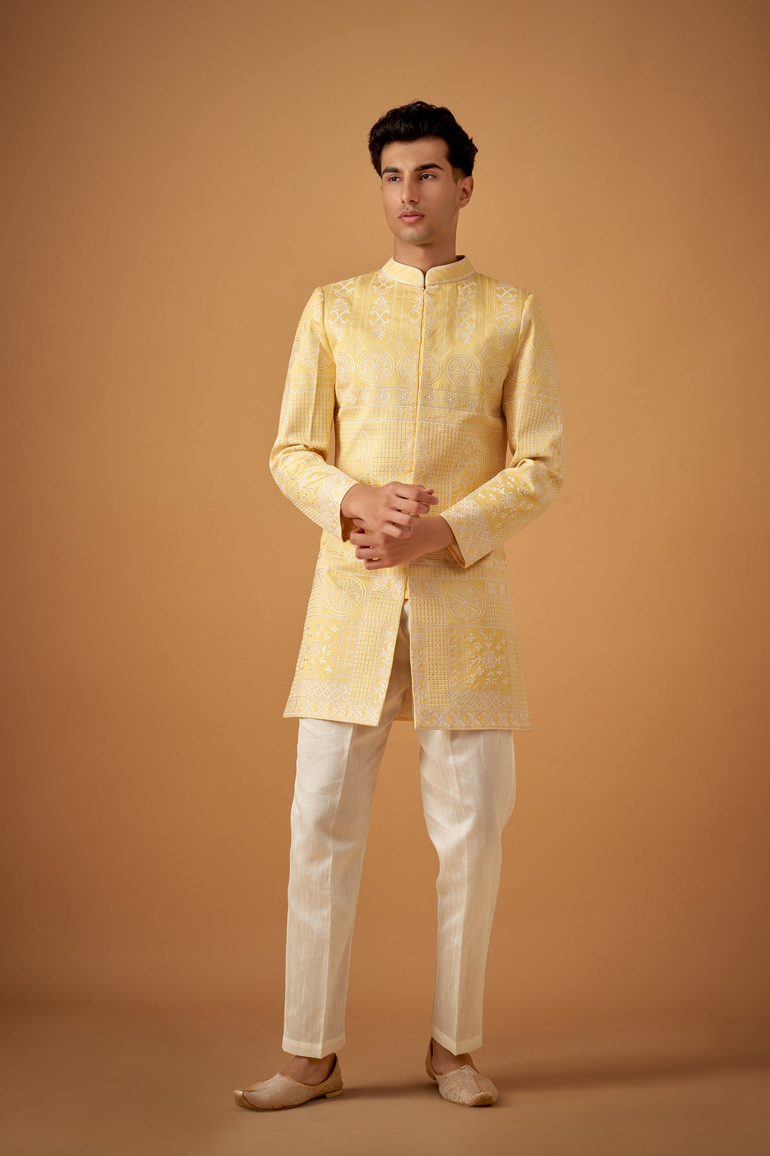 Yellow Sherwani With Offwhite Resham Work