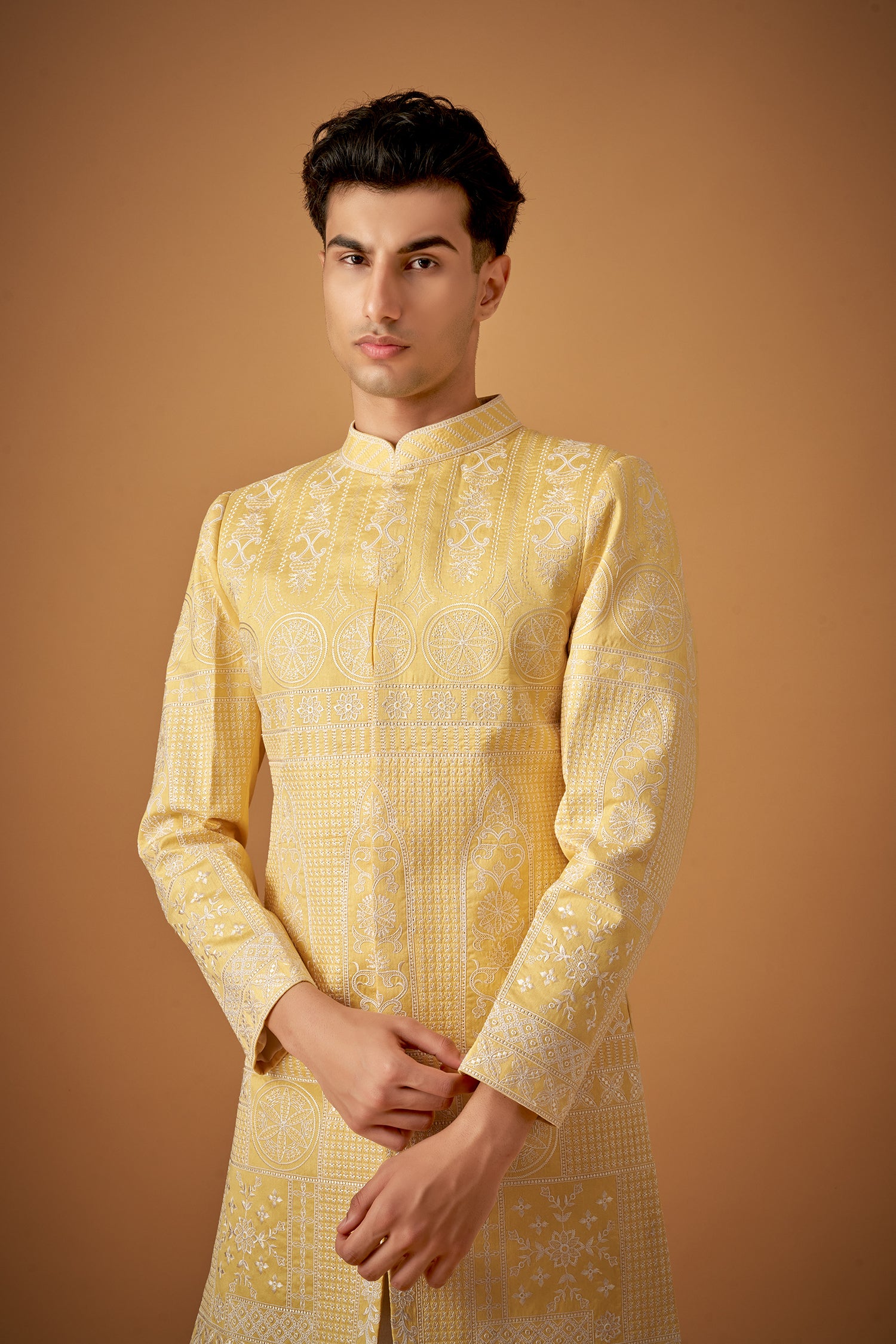Yellow Sherwani With Offwhite Resham Work