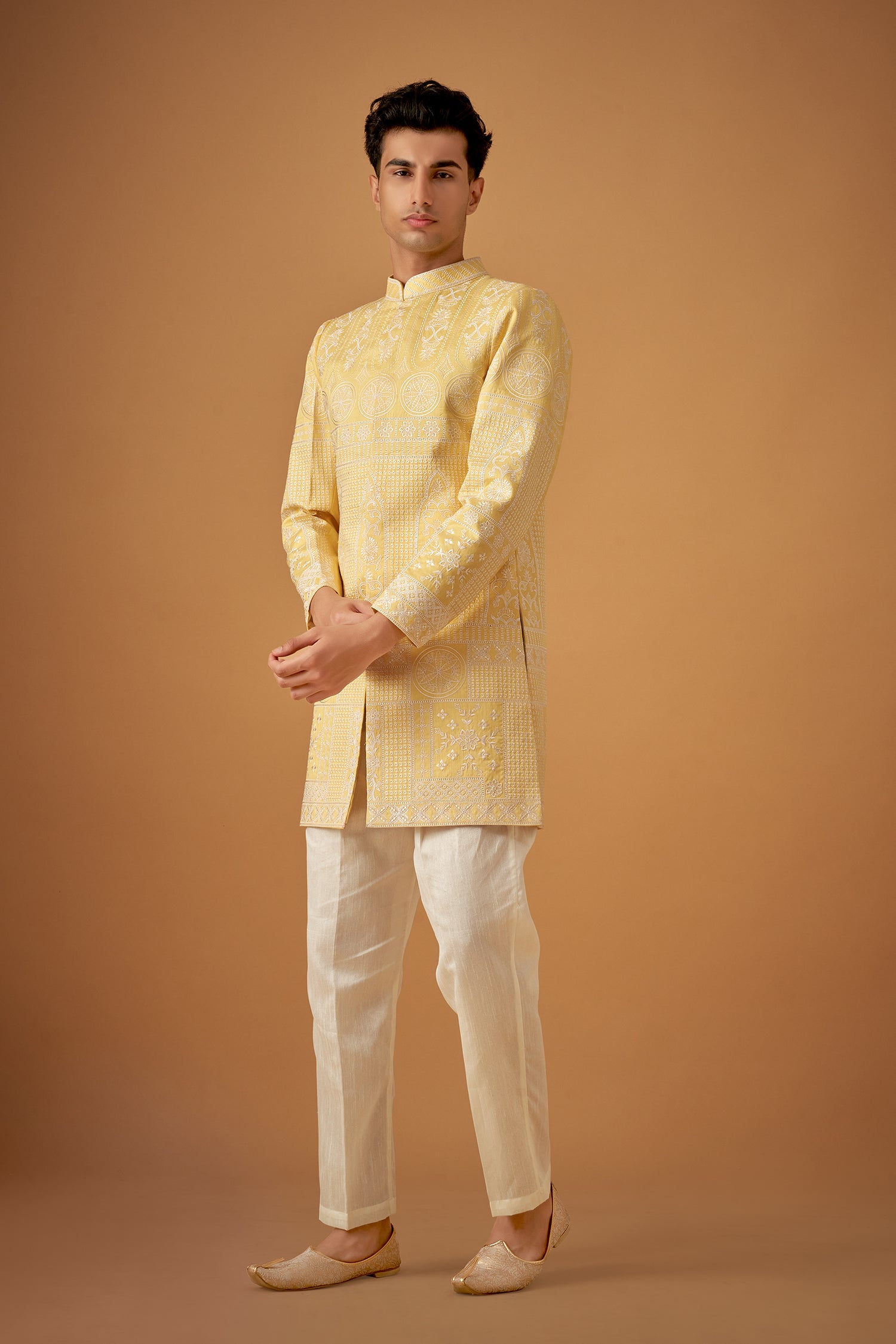 Yellow Sherwani With Offwhite Resham Work
