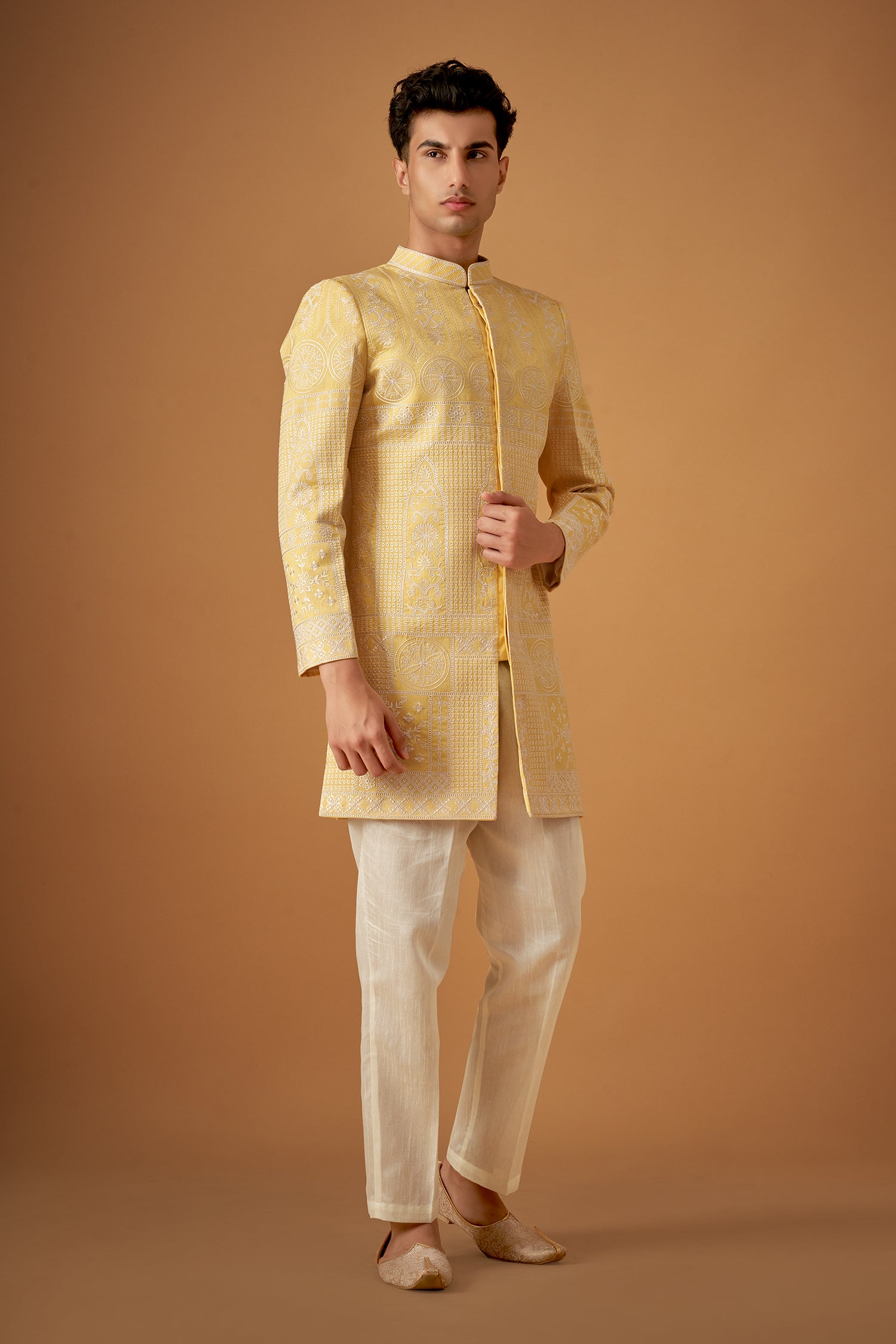 Yellow Sherwani With Offwhite Resham Work