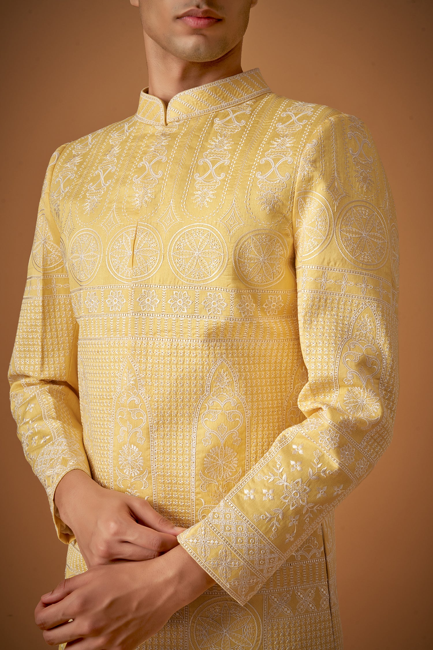 Yellow Sherwani With Offwhite Resham Work