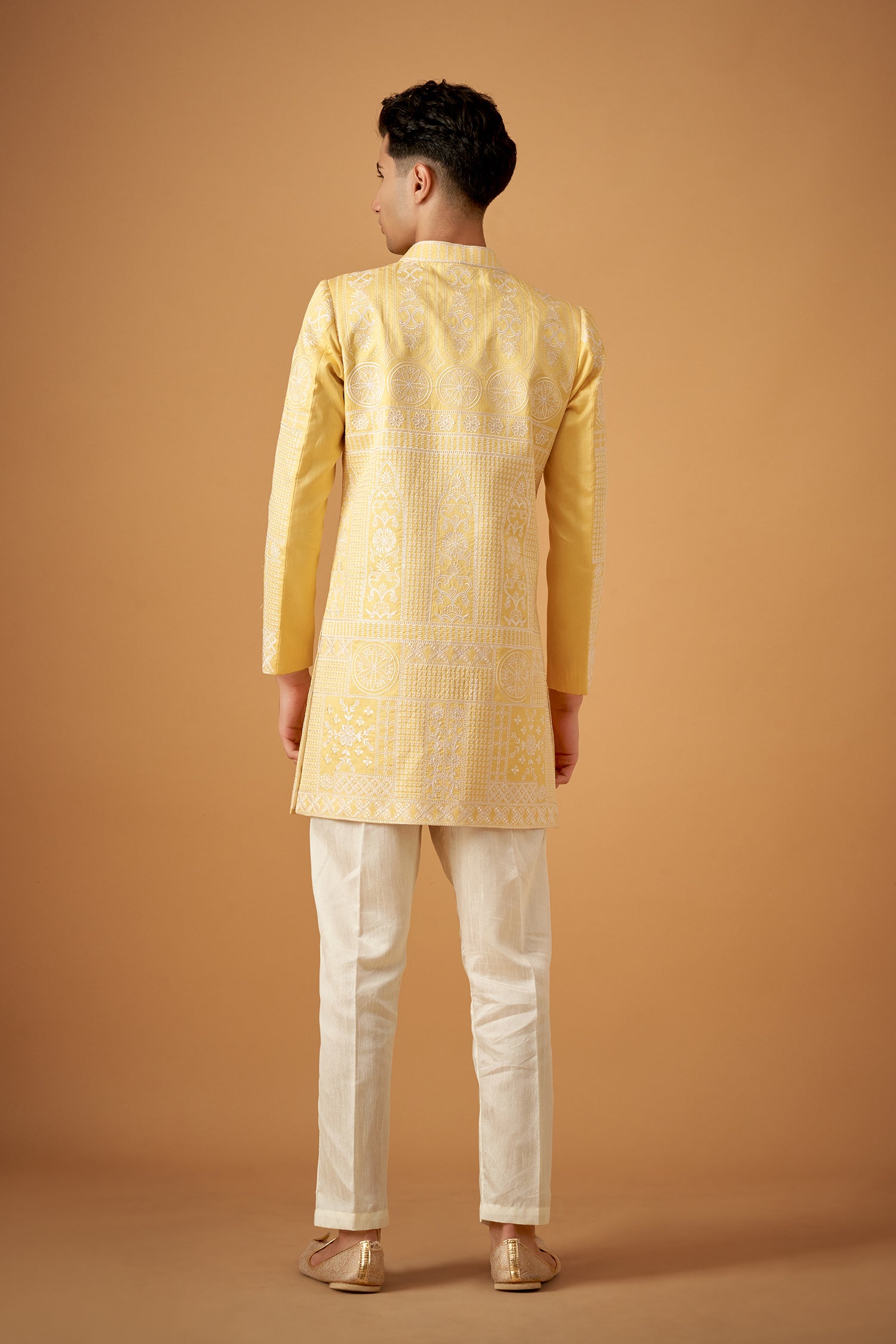 Yellow Sherwani With Offwhite Resham Work
